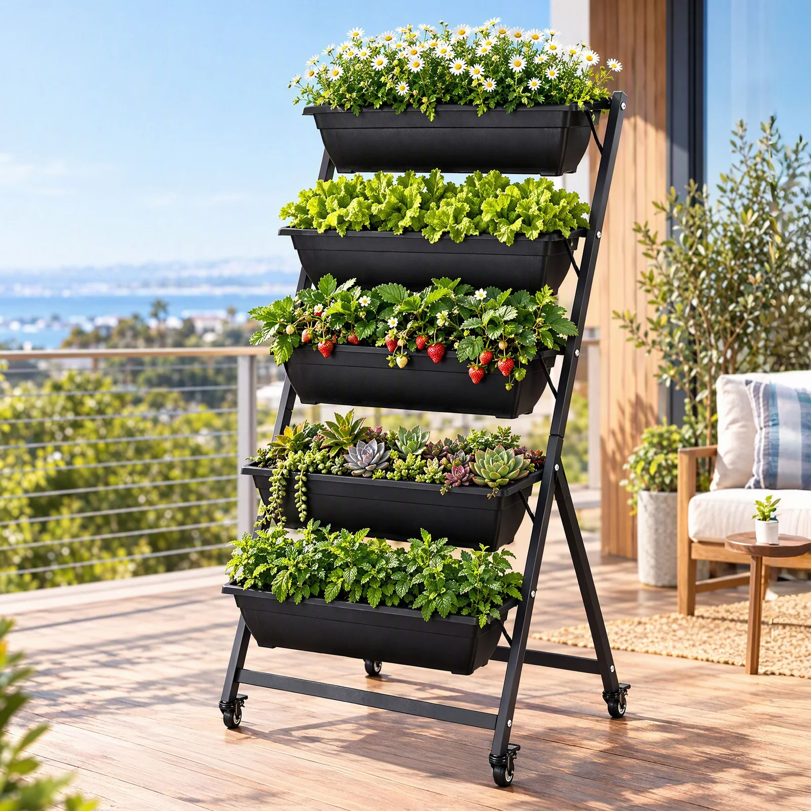 Green Fingers 5 Tier Vertical Raised Garden Bed Mobile Planter Box with Locking Wheels