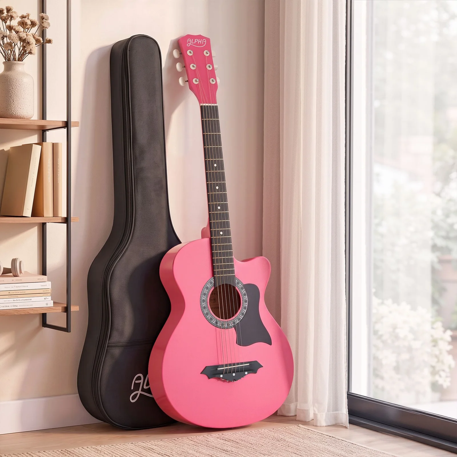 Alpha 38 Inch Acoustic Guitar Folk Cutaway Steel String Pink With Carry Bag