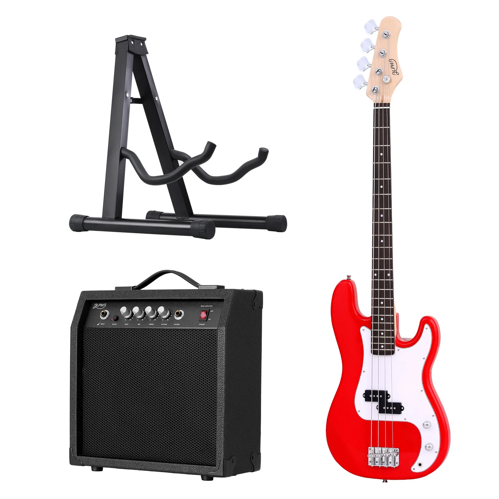 Alpha Electric Guitar Bass 47 Inch Set Kit 40W Bass Guitar Amplifier Guitar Stand Folding