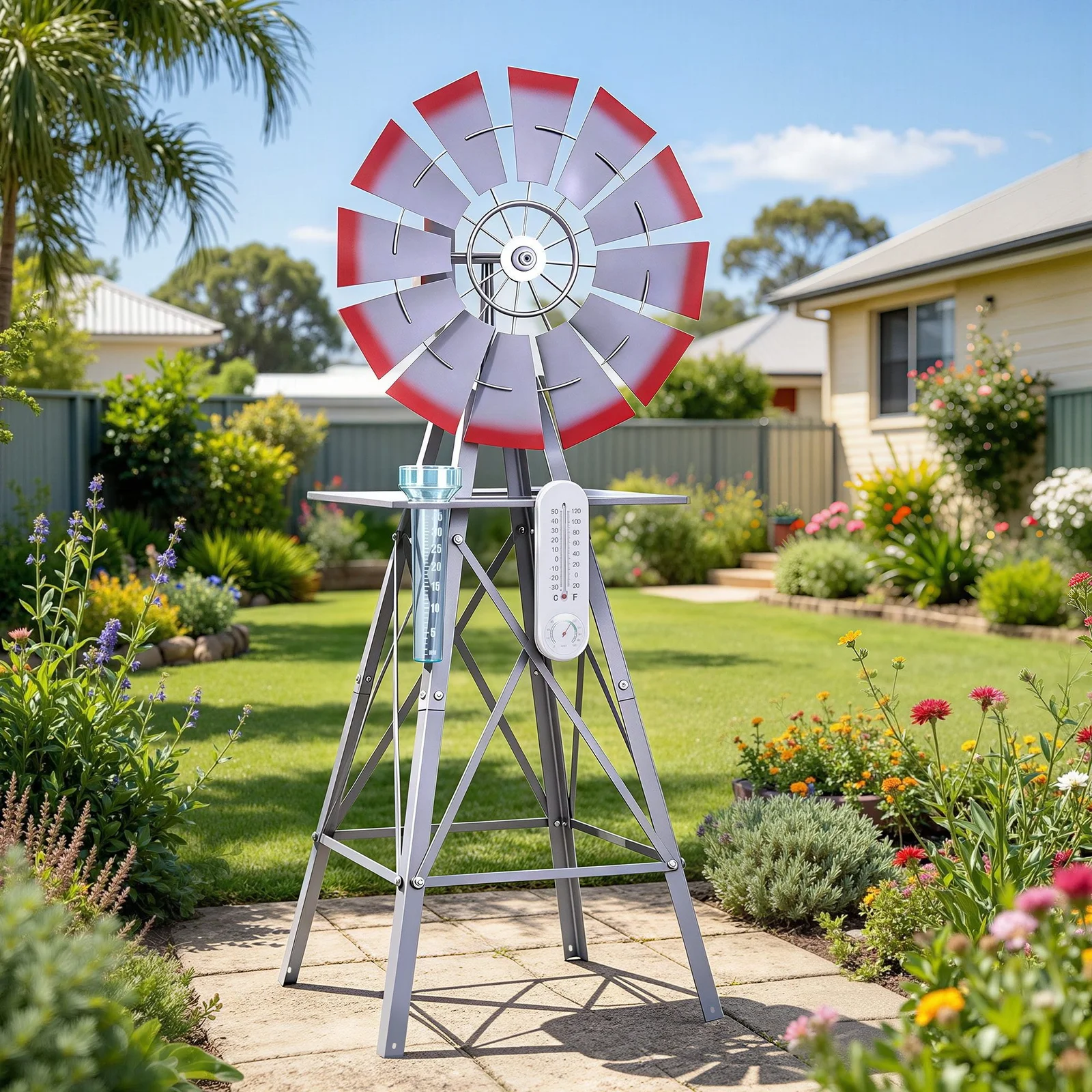 Gardeon Garden Windmill Metal Weather Station with Rain Gauge 122cm Silver
