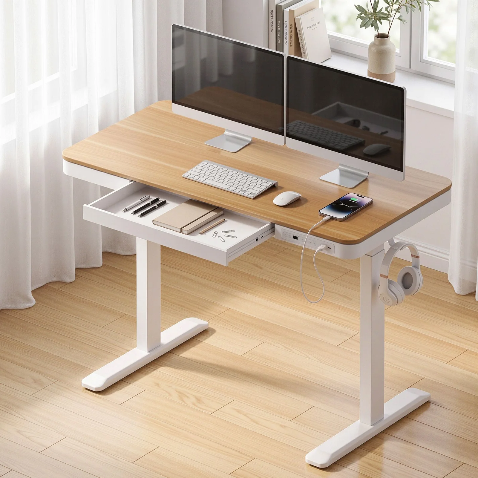 Artiss Motorised Standing Desk 120cm with Storage Drawer, Wood & White