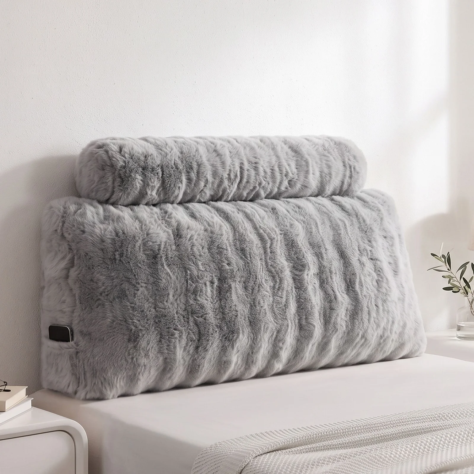 Giselle Wedge Pillow Headboard, Easy Wash Zipper Cover & Anti-Flat Foam, Couch Lumbar Support for Dorm Readers, 340g Faux Rabbit Fur with Dual Pockets, King Single