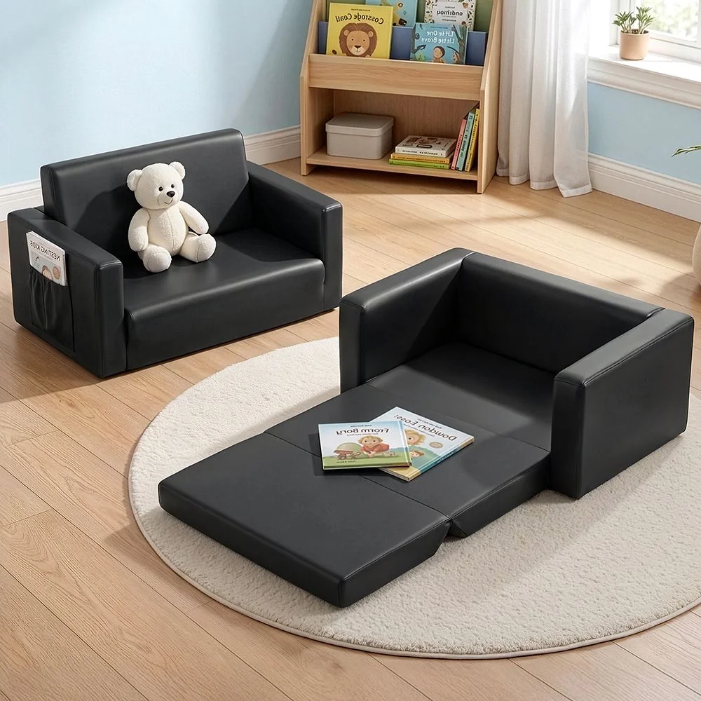 Keezi Kids Sofa 2 Seater Children Flip Open Couch PU Leather Armchair Black