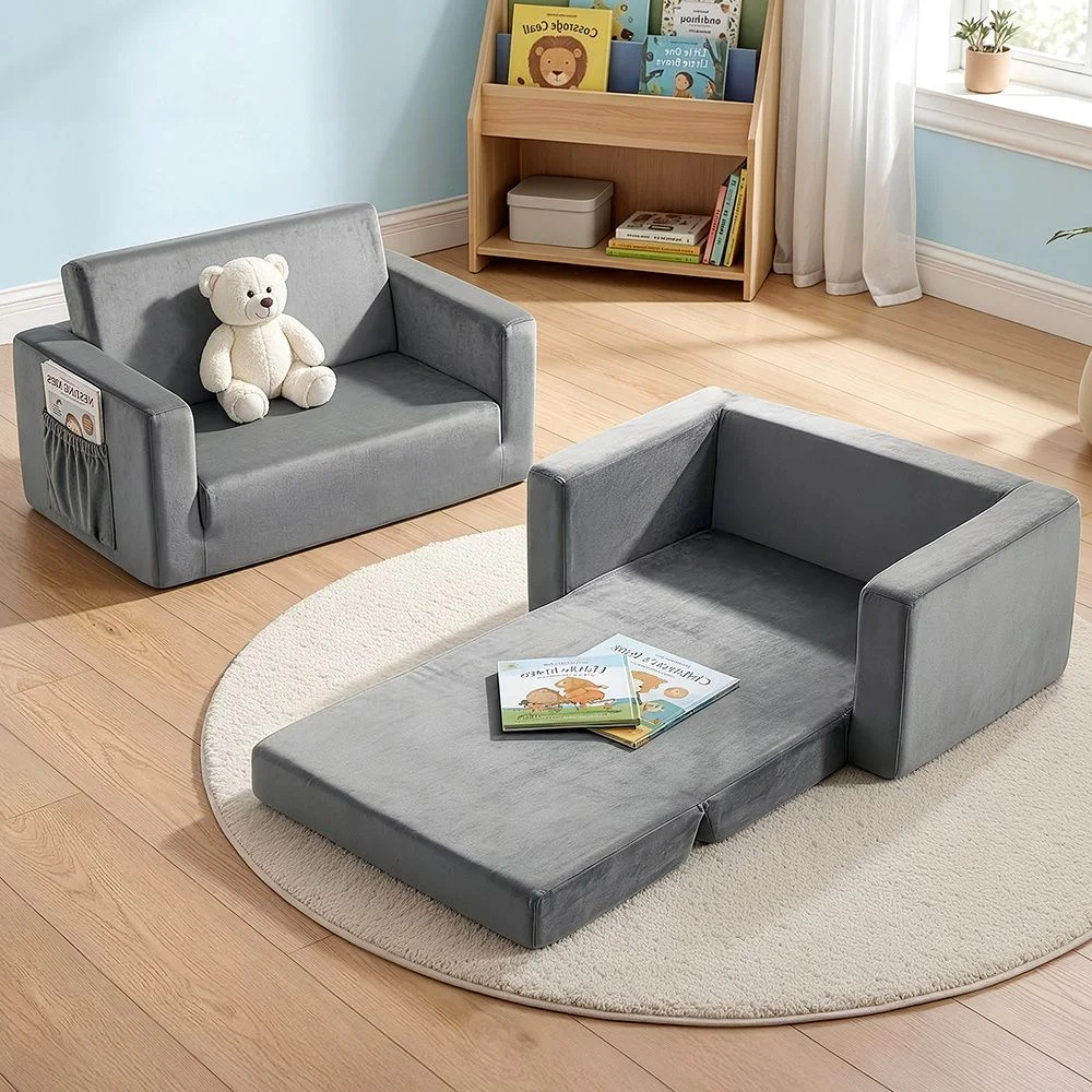 Keezi Kids Sofa 2 Seater Children Flip Open Couch Velvet Armchair Grey