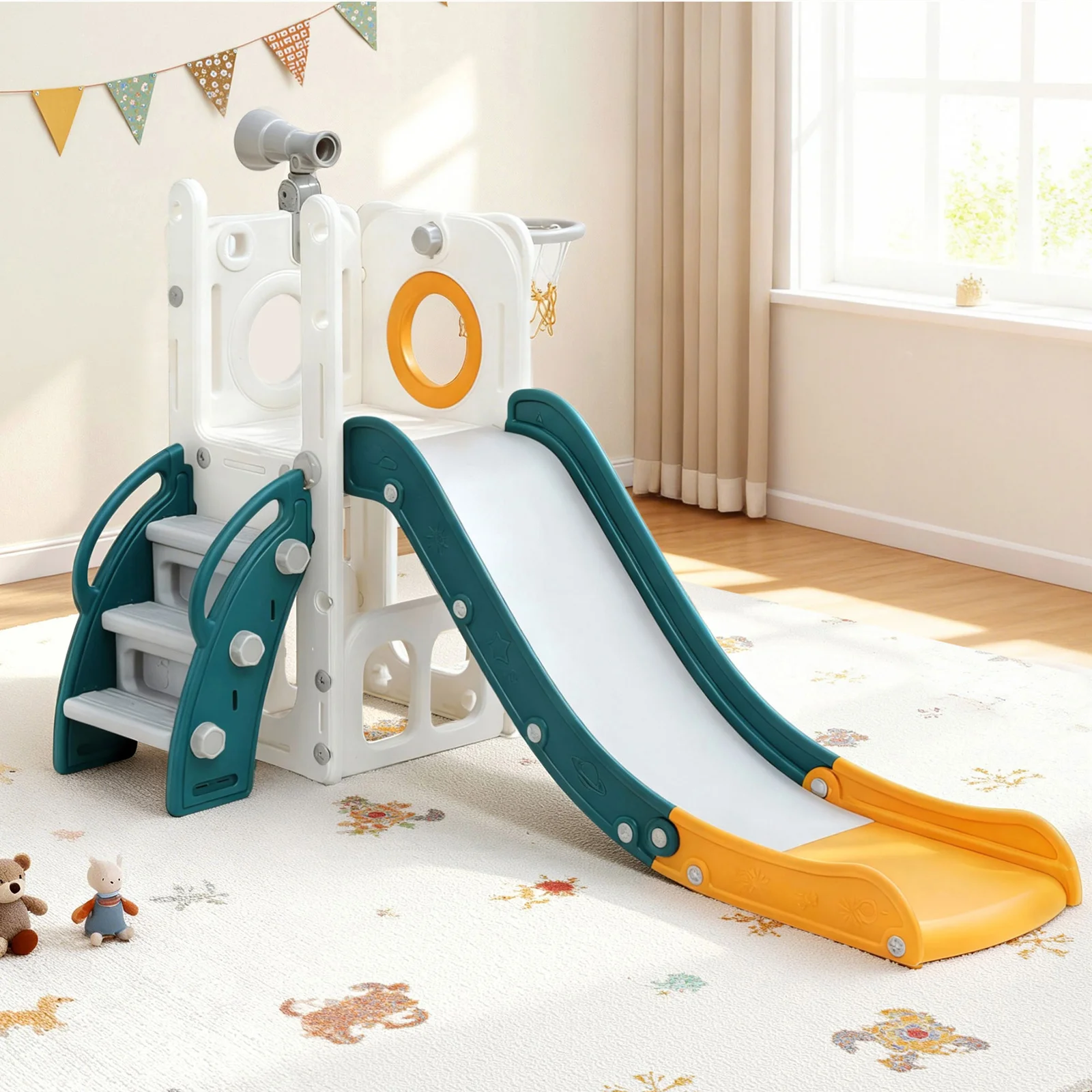 Keezi Kids Slide Set Basketball Hoop Outdoor Playground Outdoor Toys Telescope Storage