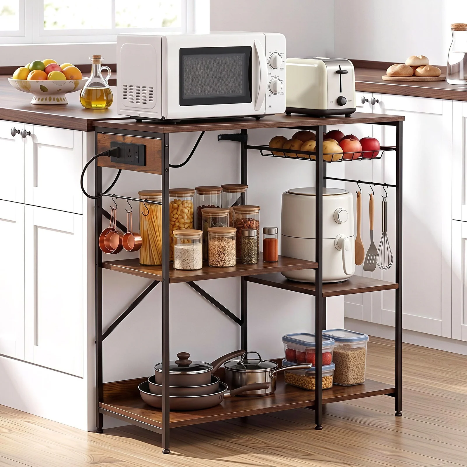 Artiss 3-Tier Kitchen Rack with 2 Power Outlets Microwave Storage Shelf 6 Hooks 90CM