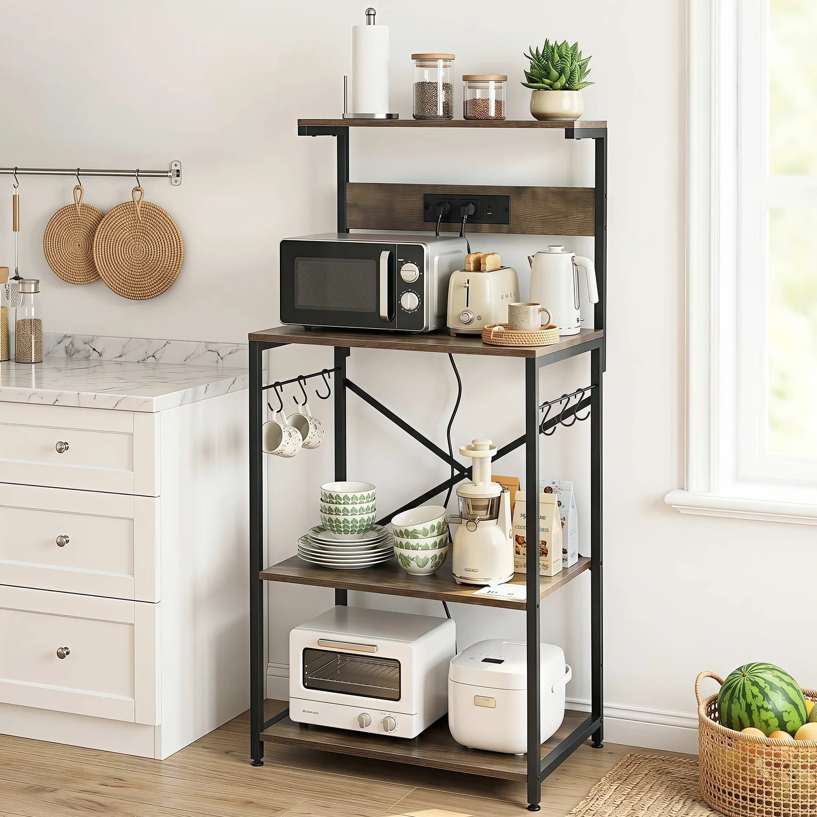Artiss 4-Tier Kitchen Rack with 2 Power Outlets 6 Hooks Microwave Storage Shelf