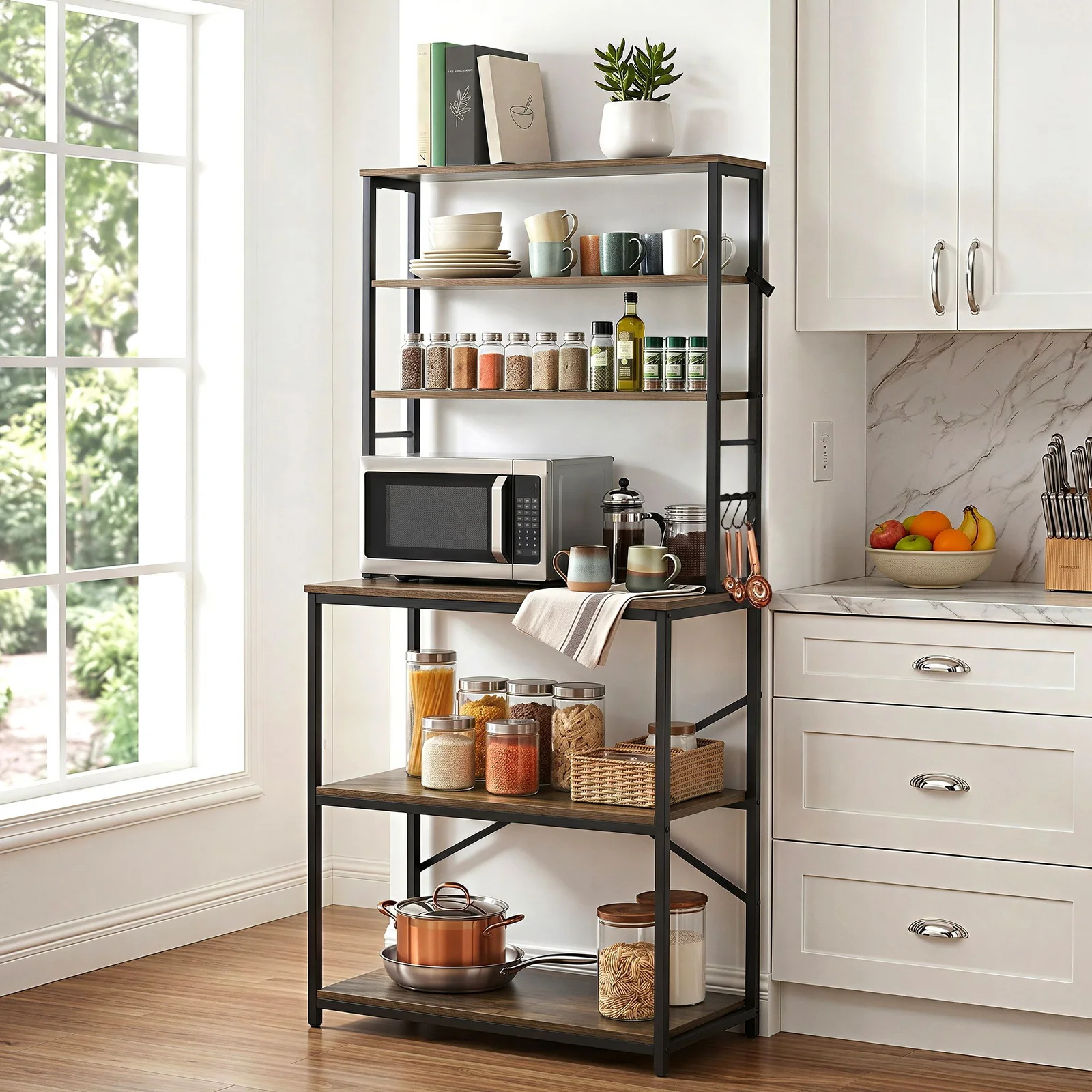 Artiss 6-Tier Kitchen Rack with 6 Hooks Microwave Storage Shelf 80cm x 167cm