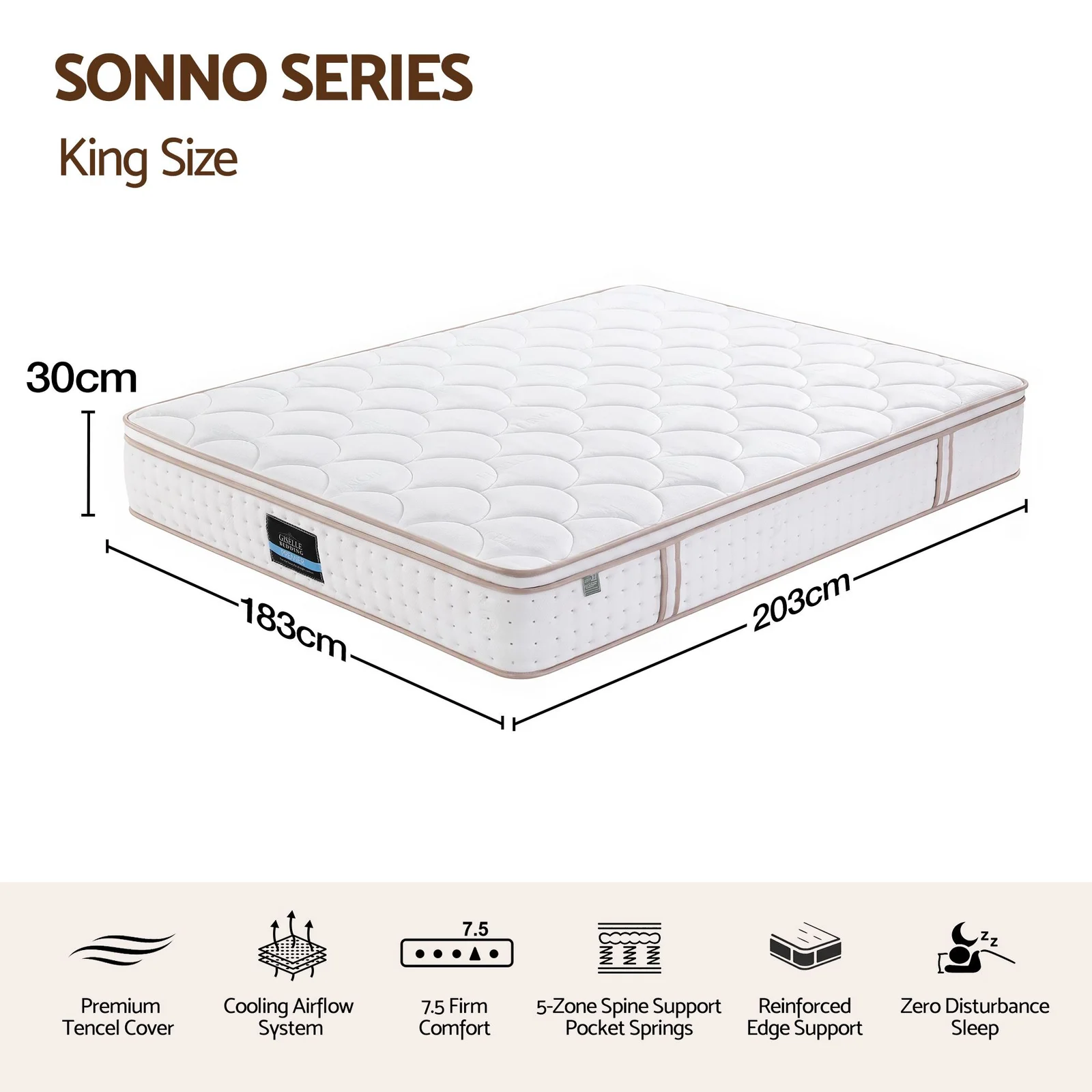 Giselle 30cm King Spring Mattress Tencel Cover 5-Zone Firm Back Support