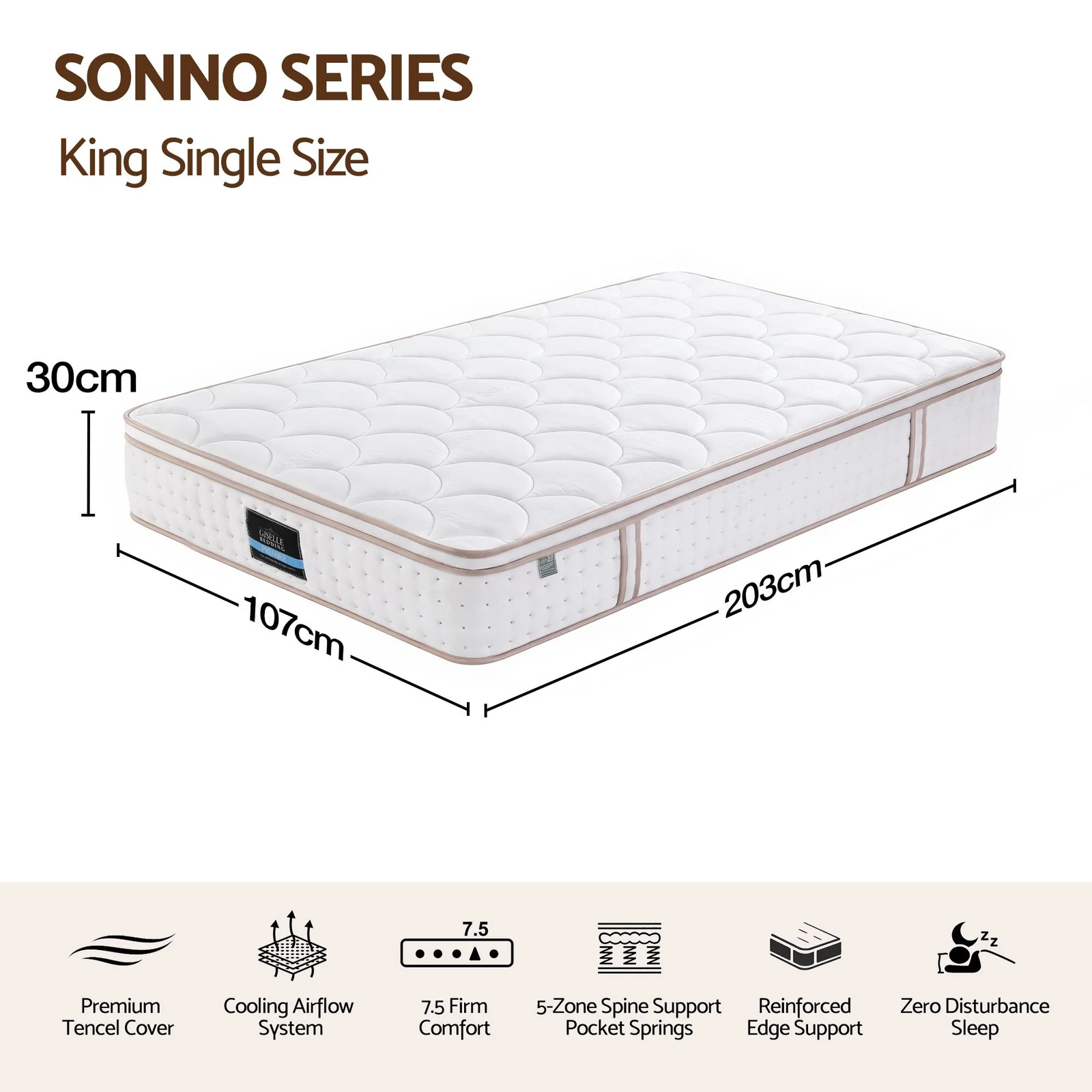 Giselle 30cm King Single Spring Mattress Tencel Cover 5-Zone Firm Back Support