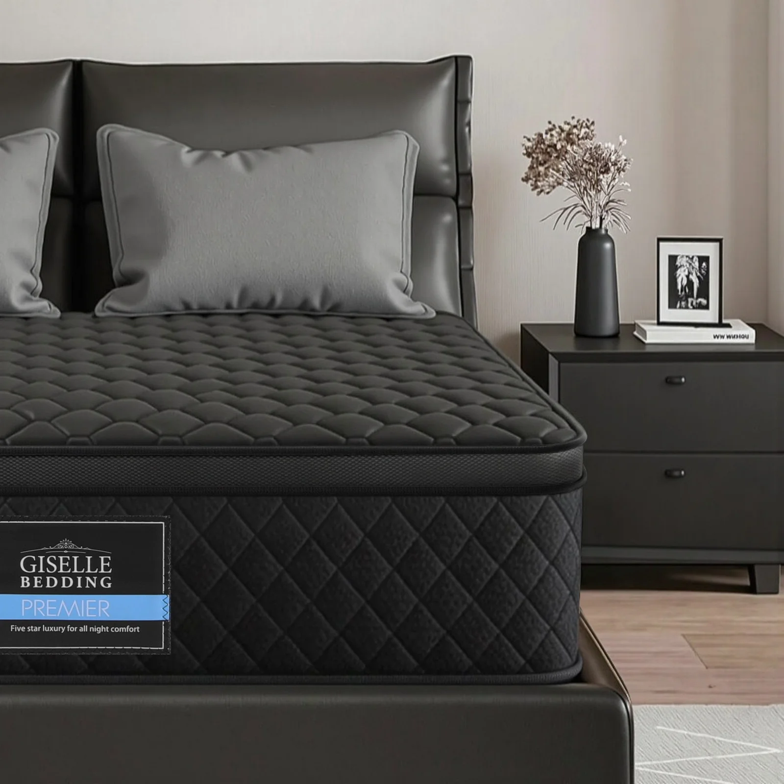 Giselle Bedding Queen Mattress 34cm Euro Top with 5-Zone Pocket Spring Support Black