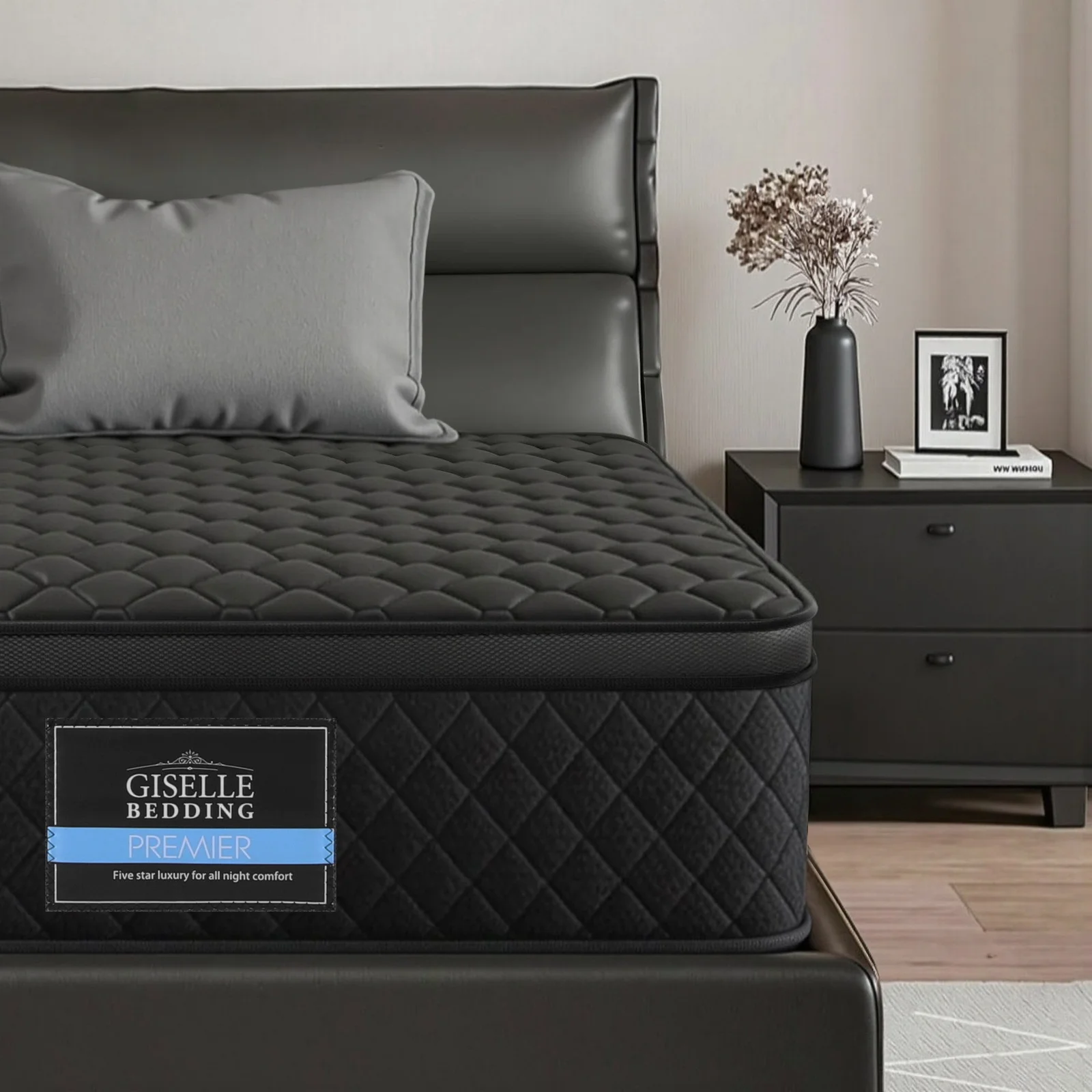 Giselle Bedding Single Mattress 34cm Euro Top with 5-Zone Pocket Spring Support Black