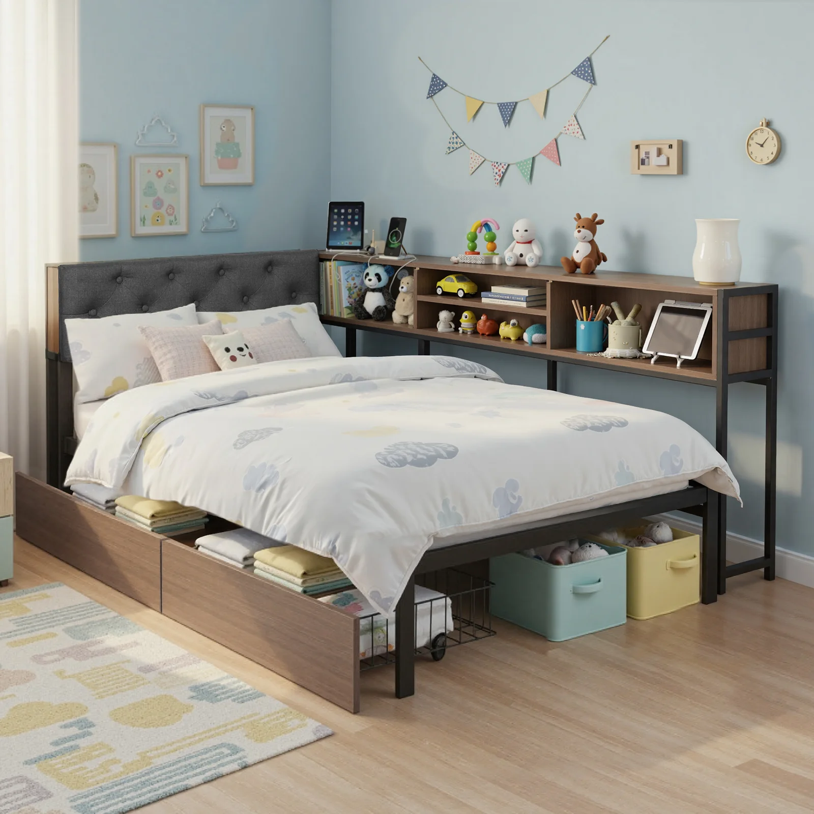 Artiss Bed Frame Single Size with 2 Drawers and Charging Station Metal Corner Bed Base