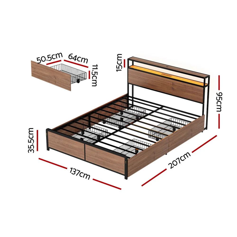 Artiss Metal Bed Frame Double Size LED Storage Headboard USB Charge 4 Drawers thumbnail 2