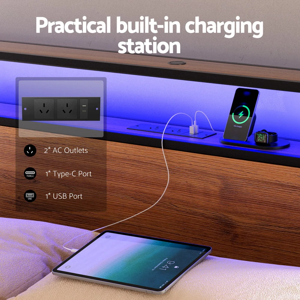 Artiss Metal Bed Frame Double Size LED Storage Headboard USB Charge 4 Drawers thumbnail 4