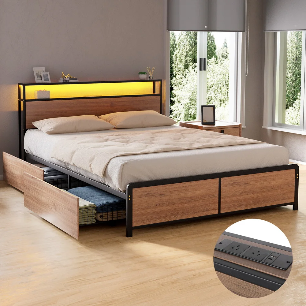 Artiss Metal Bed Frame Double Size LED Storage Headboard USB Charge 4 Drawers thumbnail 7