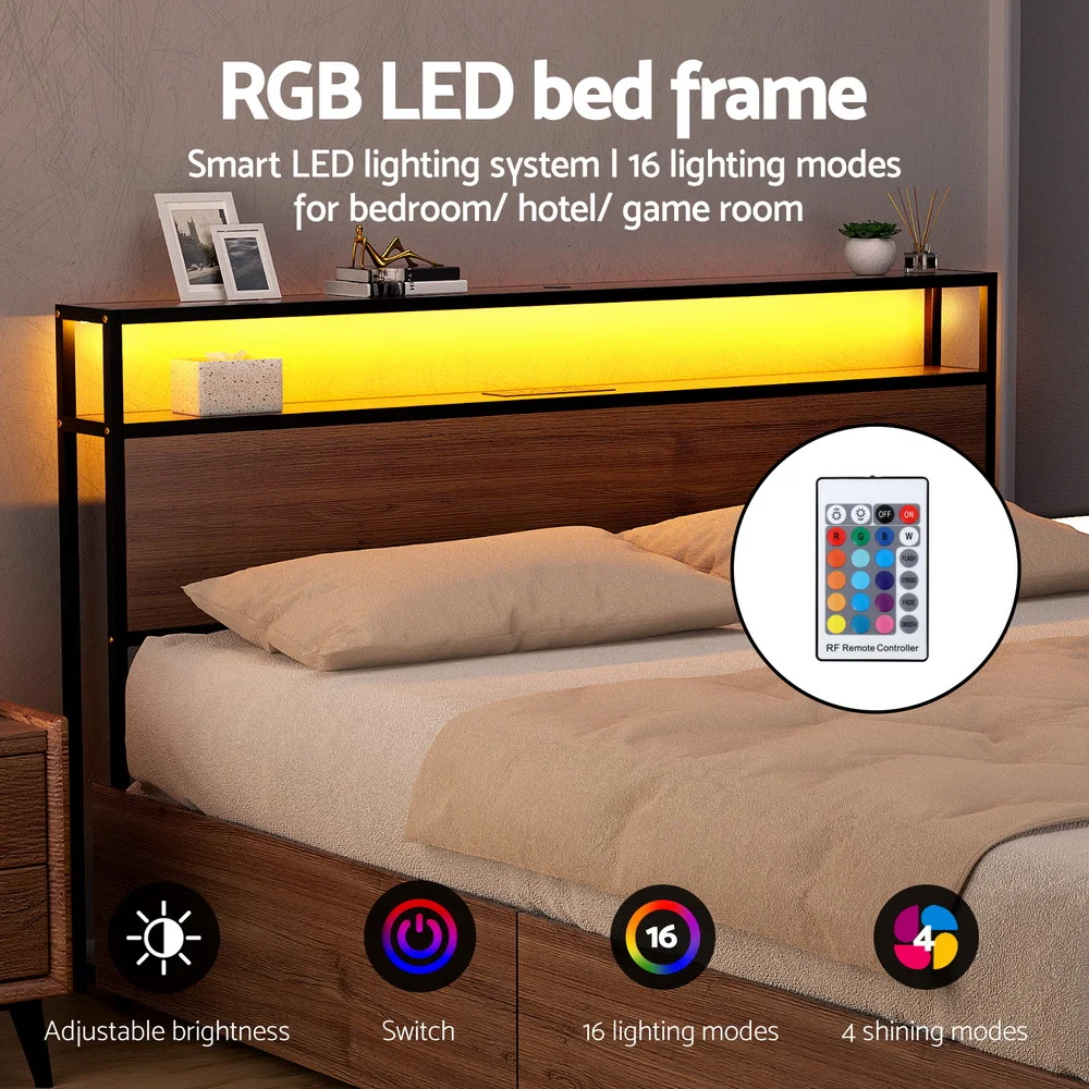 Artiss Metal Bed Frame Queen Size LED Storage Headboard USB Charge 4 Drawers thumbnail 5