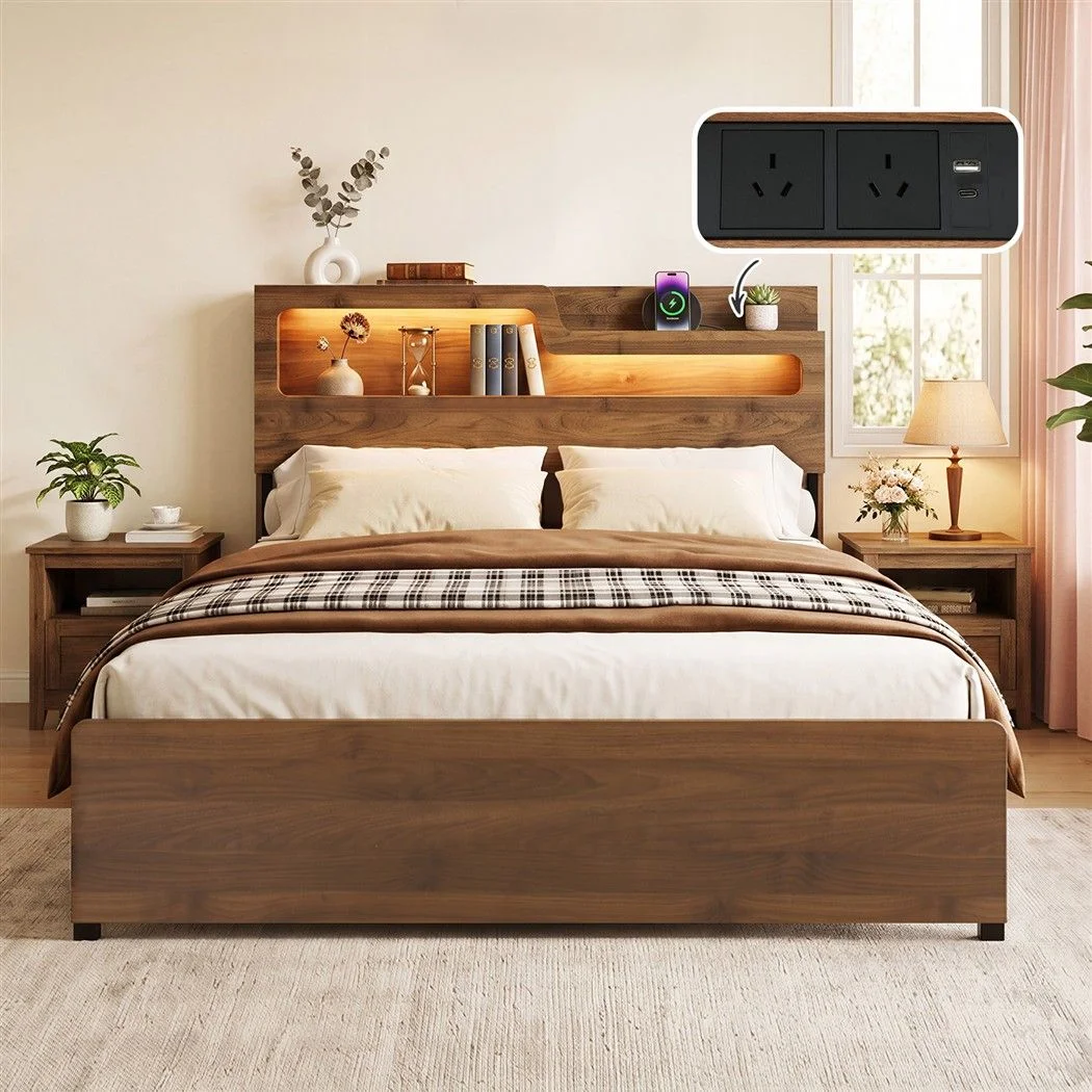 Artiss Double Bed Frame Metal with Charging Station LED Light Storage Shelf