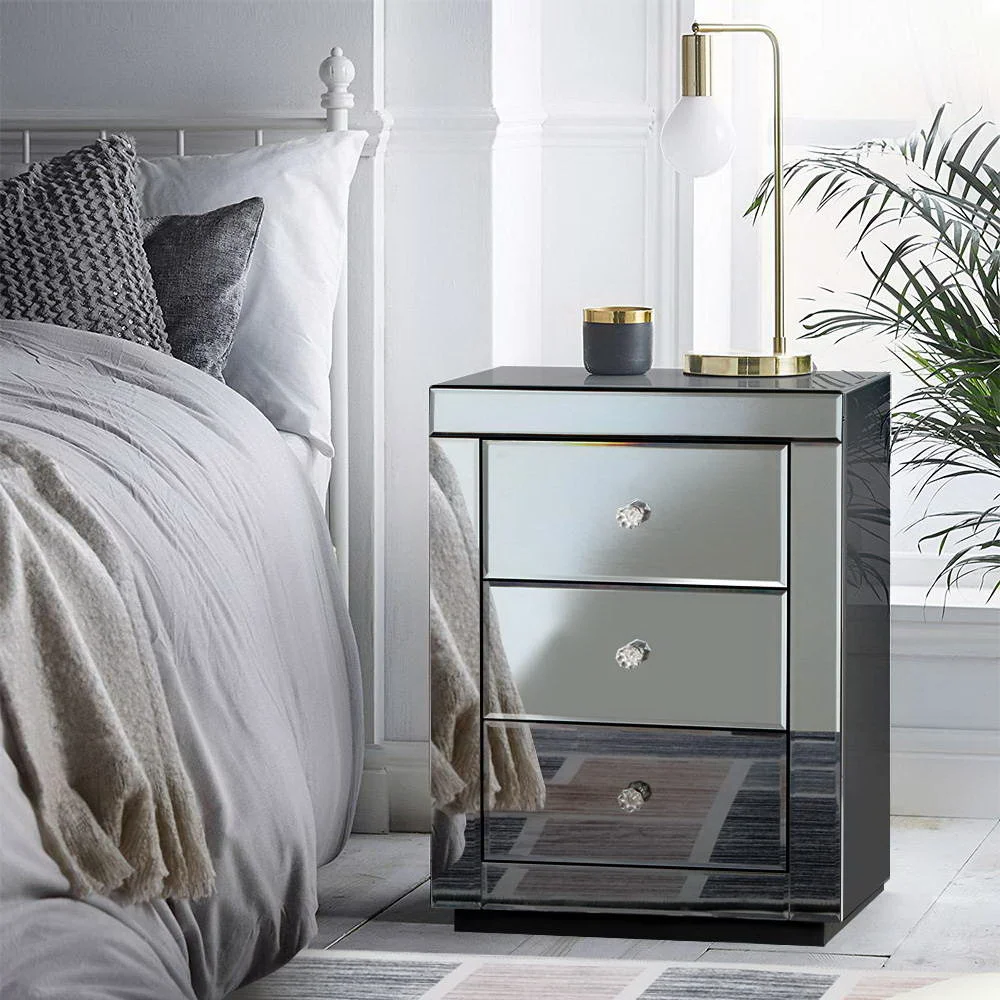 Artiss Bedside Table 3 Drawers Mirrored - PRESIA Grey