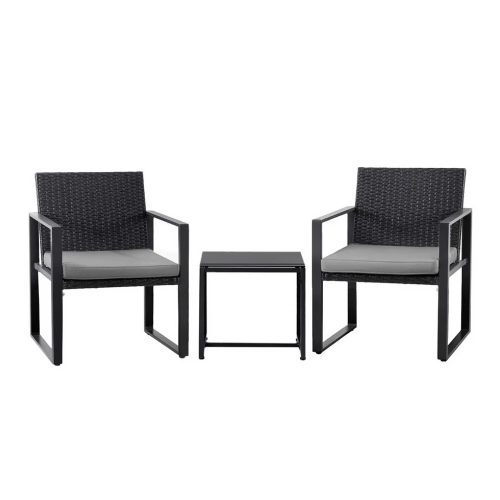 Gardeon 3PC Outdoor Bistro Set Patio Furniture Wicker Dining Chairs Table Cushion Black