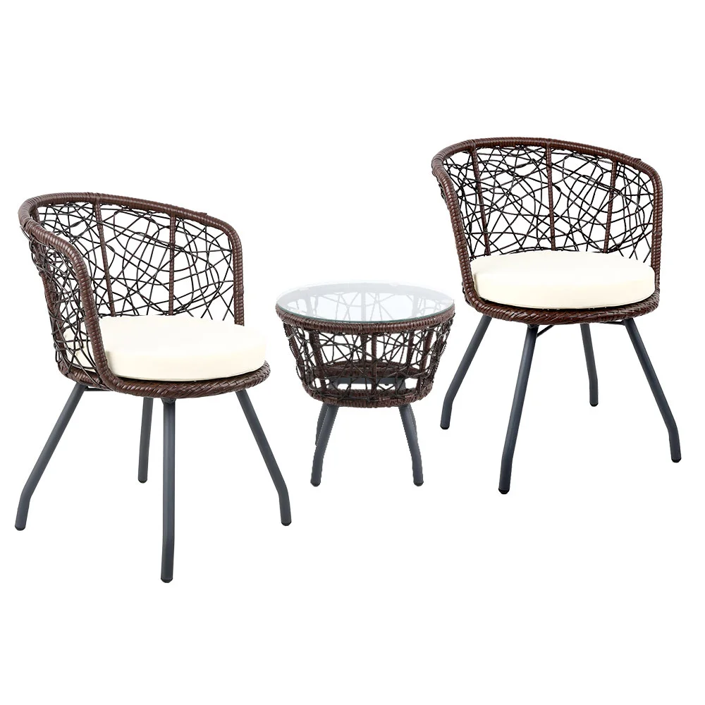 Gardeon 3PC Bistro Set Outdoor Furniture Rattan Table Chairs Patio Garden Cushion Brown
