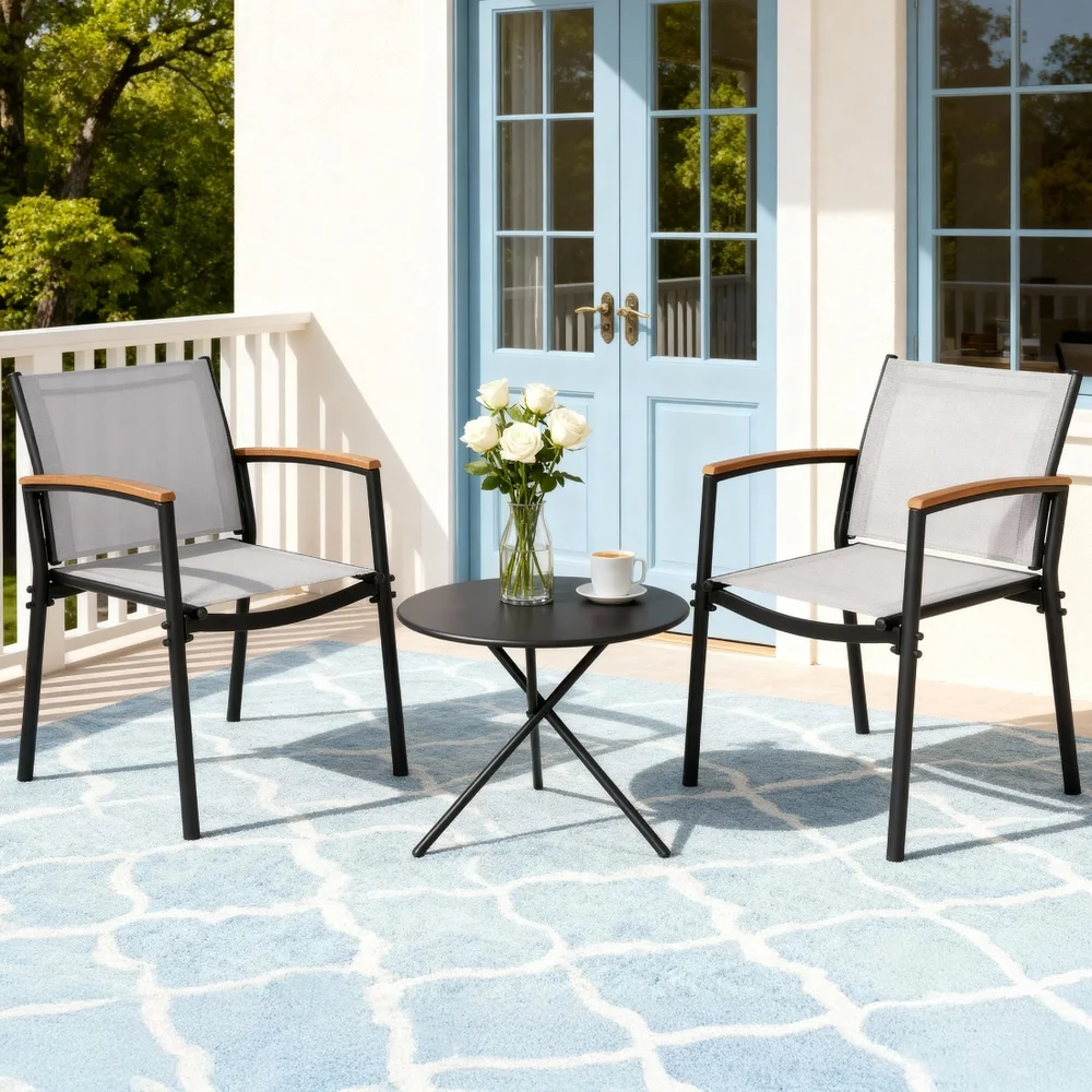 Gardeon 3PC Outdoor Bistro Set Table and Chairs Steel Dining Chair Patio Furniture Textilene 