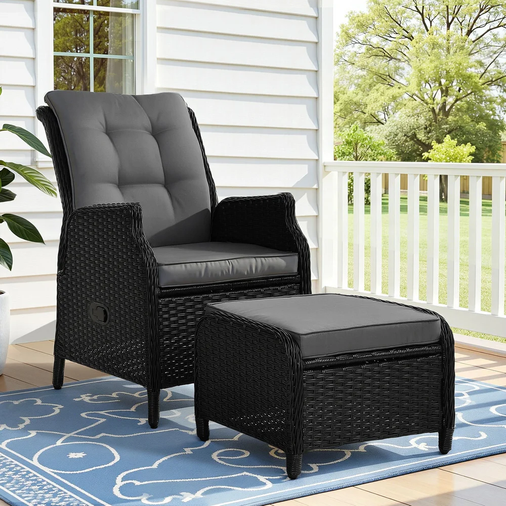 Gardeon Recliner Chair Sun lounge Wicker Lounger Outdoor Furniture Patio Adjustable Black