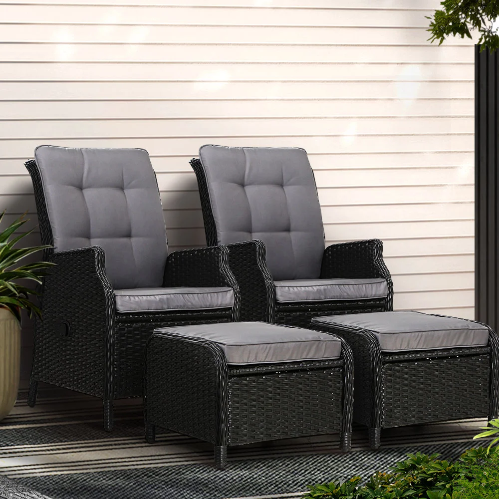 Gardeon 2PC Recliner Chair Sun lounge Wicker Lounger Outdoor Furniture Adjustable Black
