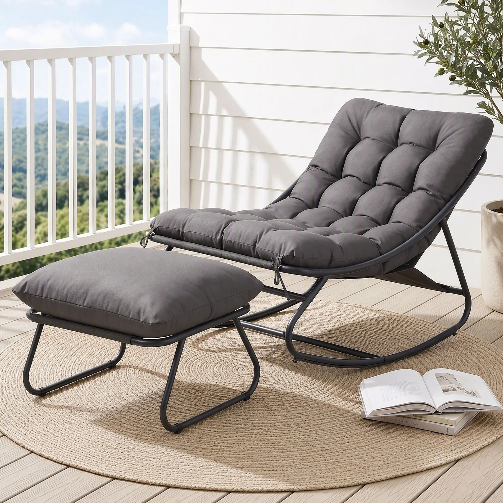 Gardeon Rocking Chair with Footrest Mesh Seat Cushion Outdoor Chairs Grey