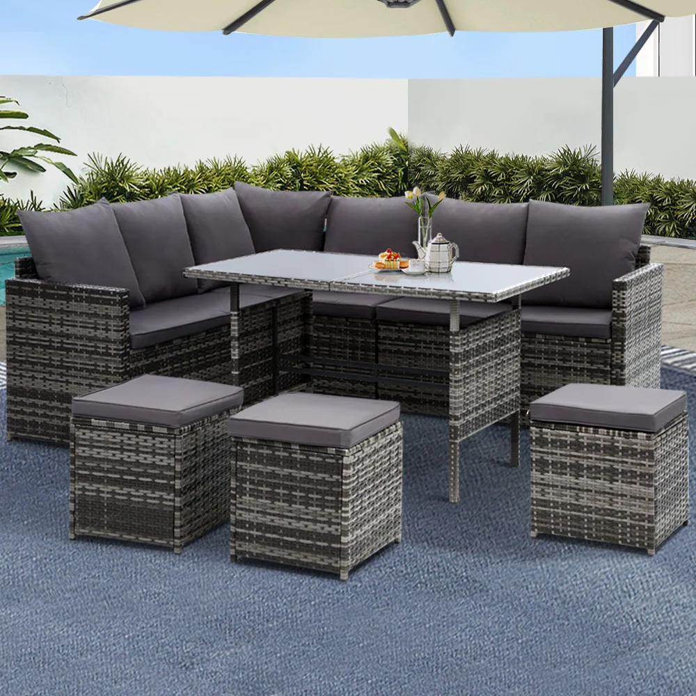 Gardeon Outdoor Furniture Dining Setting Sofa Set Lounge Wicker 9 Seater Mixed Grey