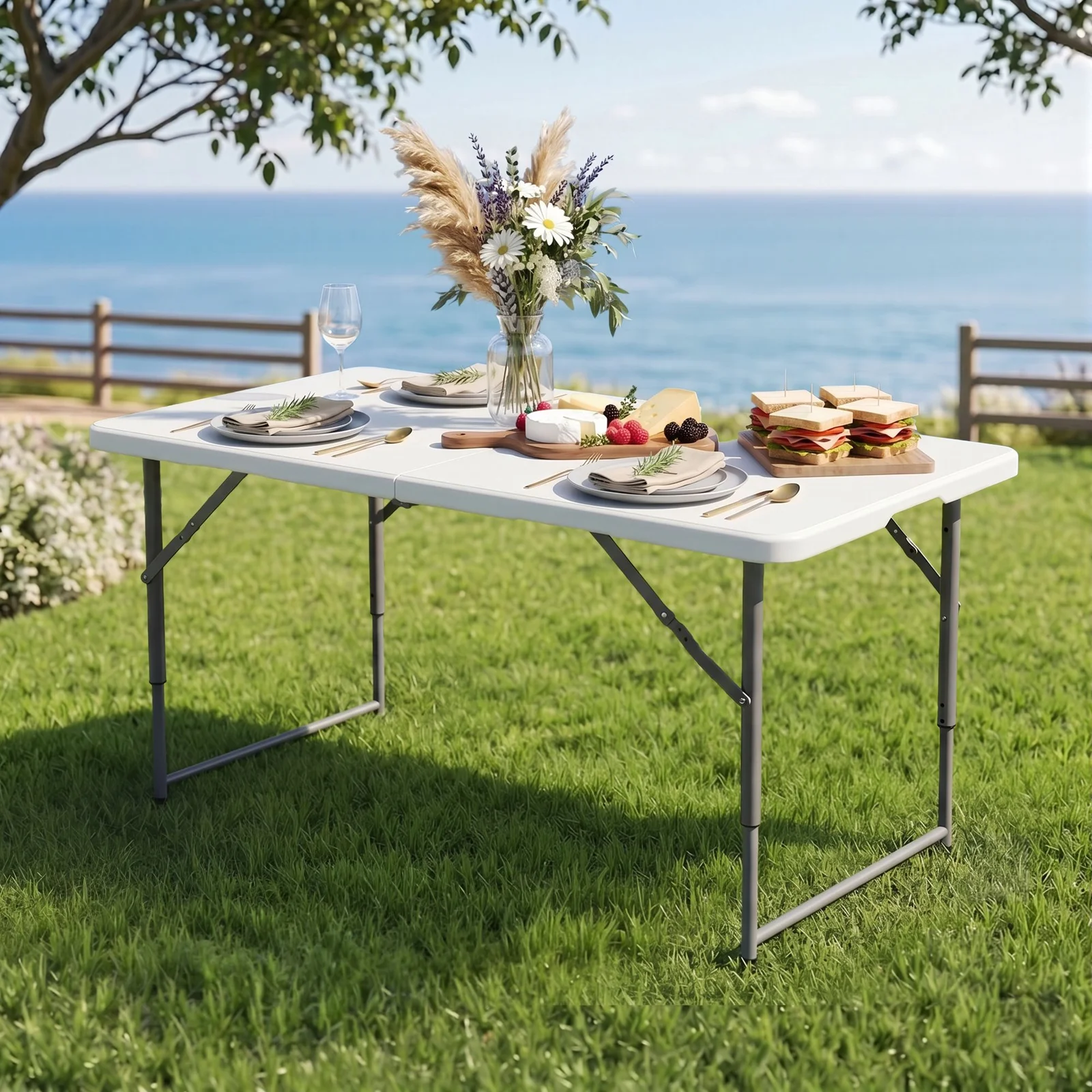 Gardeon 123cm Folding Table Portable Fold-in-Half with Handle Camping Picnic Adjustable Height