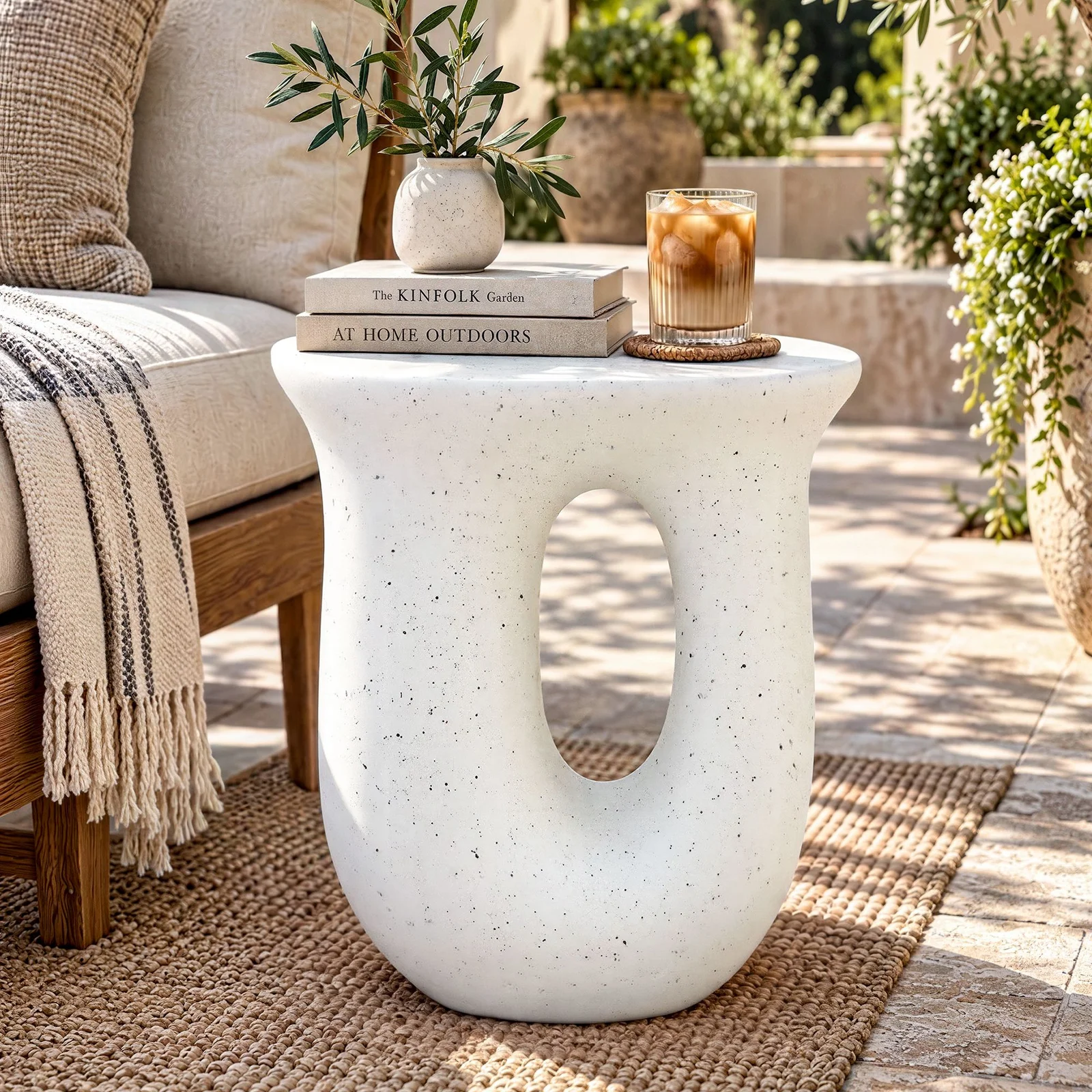 Gardeon Outdoor Side Table MGO Arch Cutout Garden Stool Stone Look White 42cm