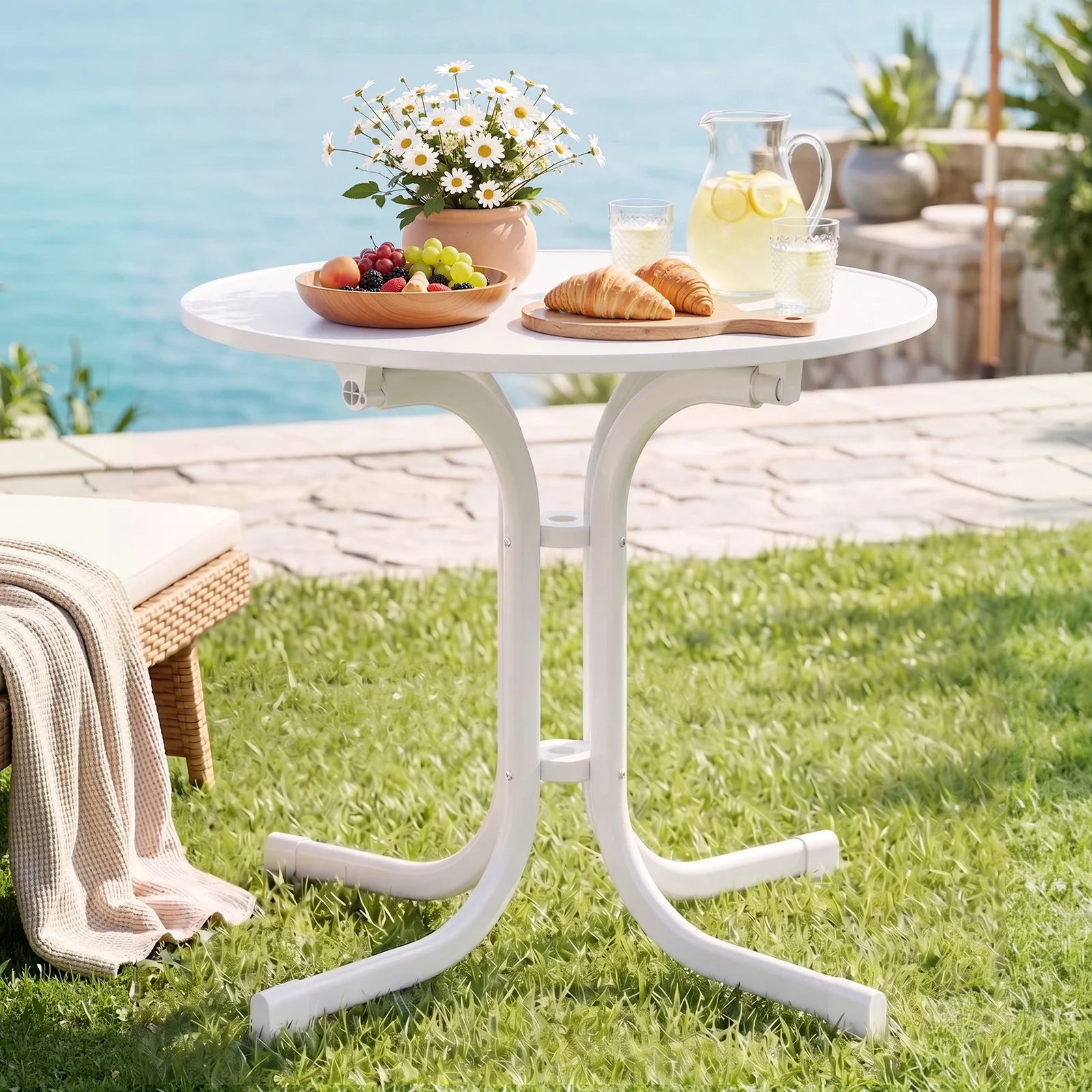 Gardeon Outdoor Side Table 80cm Folding Steel Round Bistro Desk Cafe Patio Furniture White
