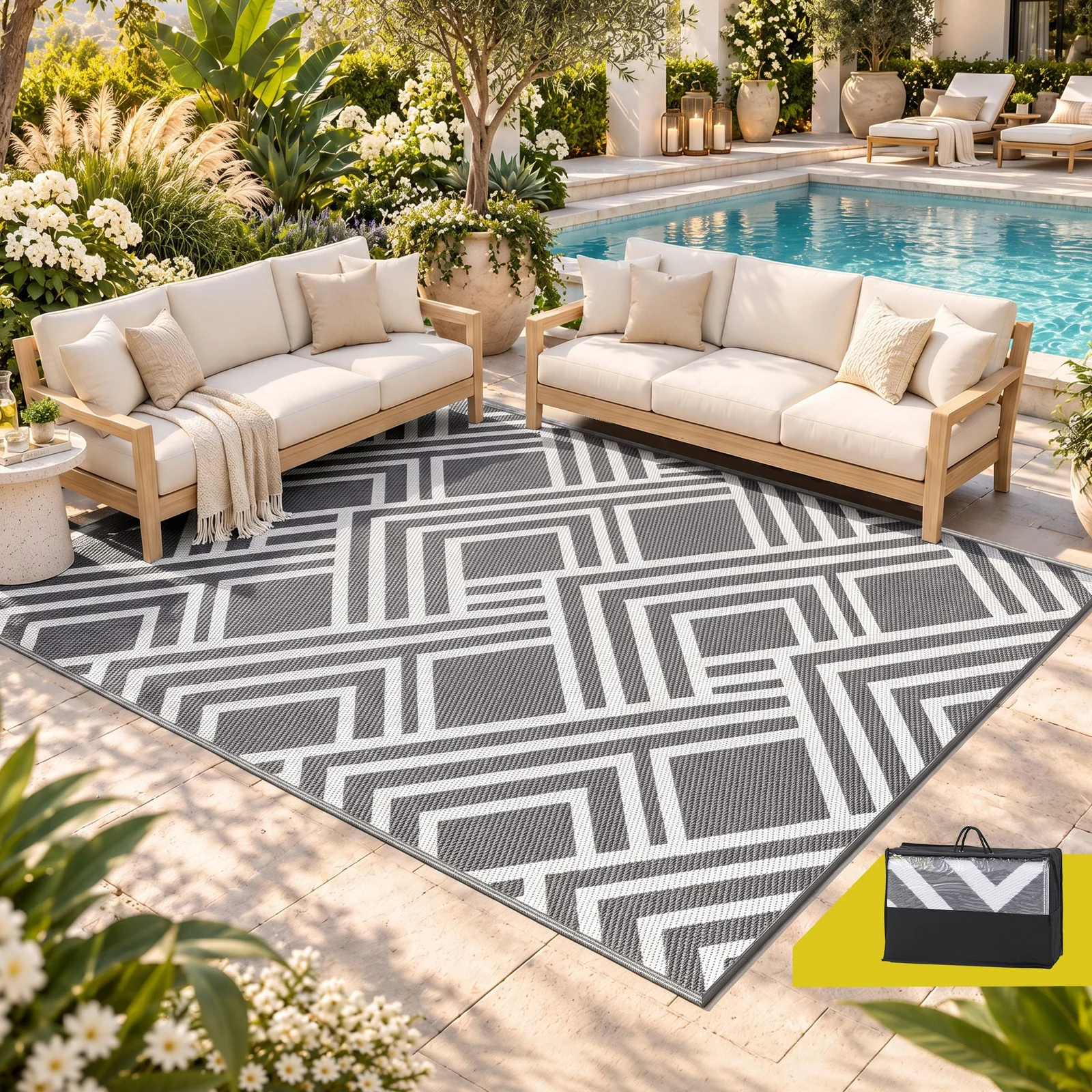 Gardeon Reversible Outdoor Rug 274x366cm Grey Polypropylene Area Mat