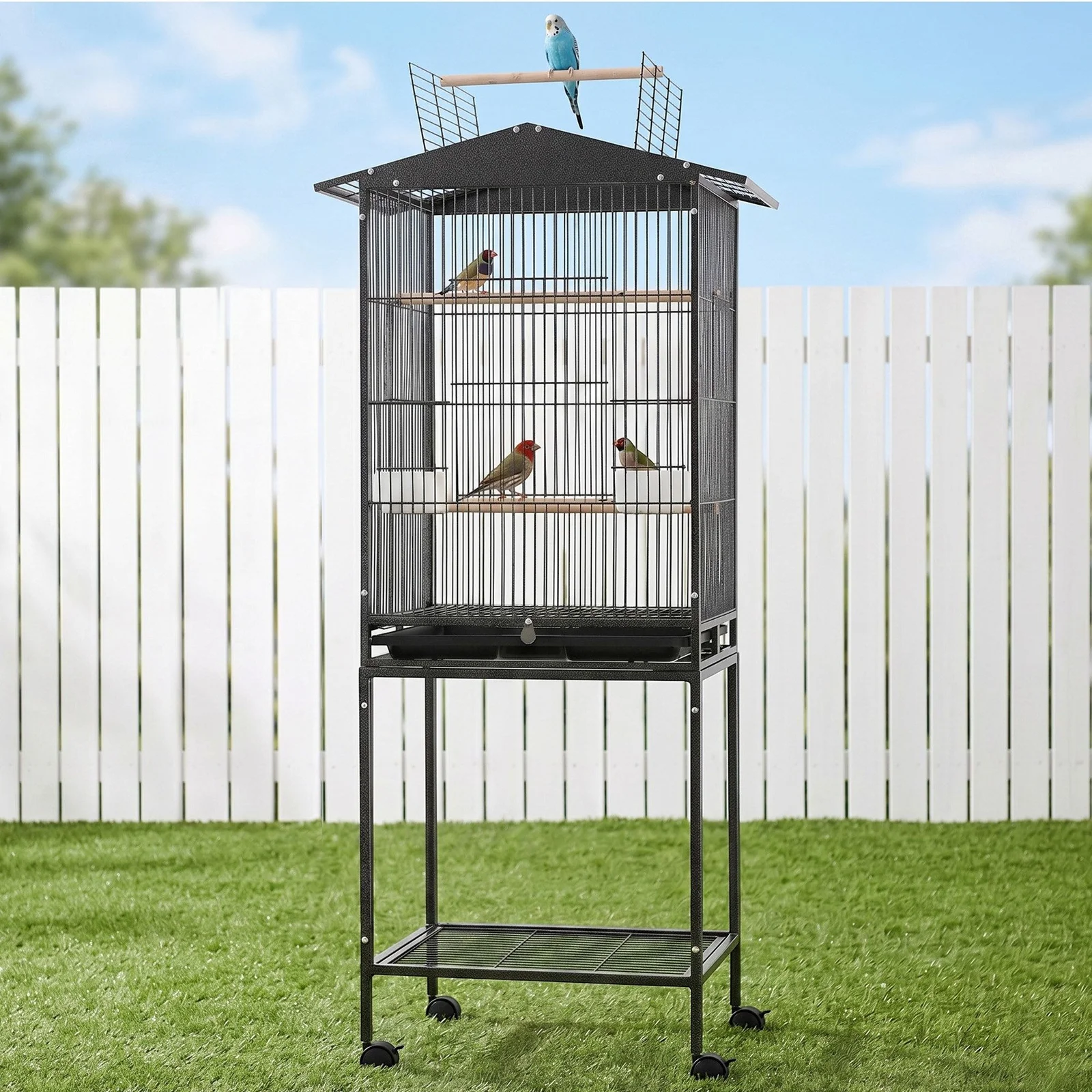 i.Pet 136cm Bird Cage Aviary Open Top Parrot Budgie Stand Wheels Black