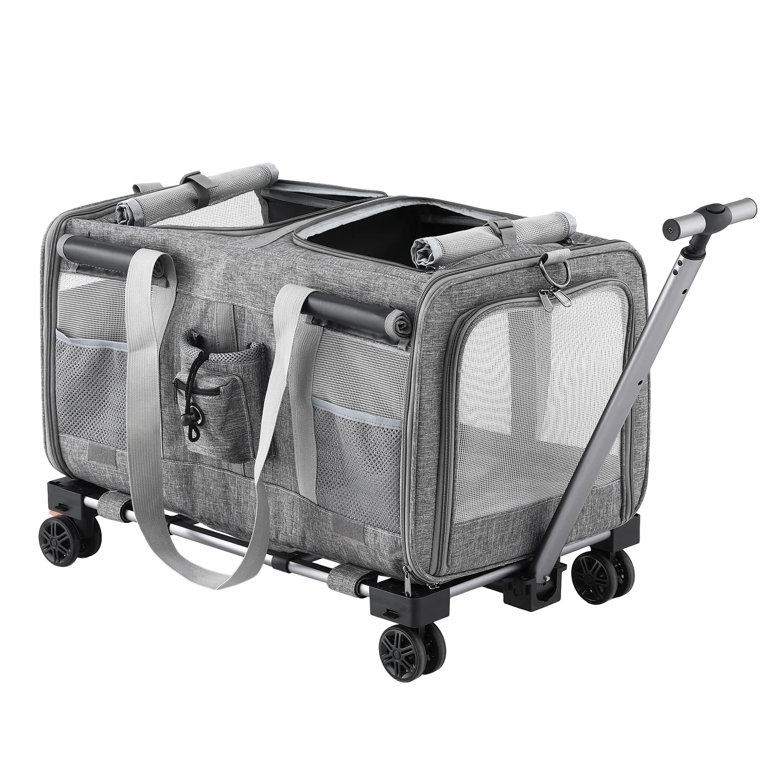 i.Pet Pet Carrier Swivel Wheels Foldable Cat Dog Trolley Stroller Travel Bag Grey