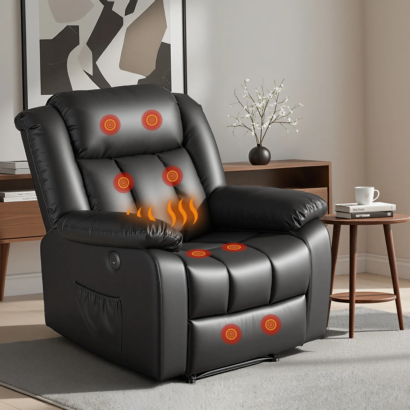 Artiss Manual Massage Recliner Chair for Living Room, Leather Sofa Lounge Reclining Chair with 2 USB Port, 160° Recline Reading Chair with 20CM Wide Armrests, 8 Point Vibration & Lumbar Heat, Black