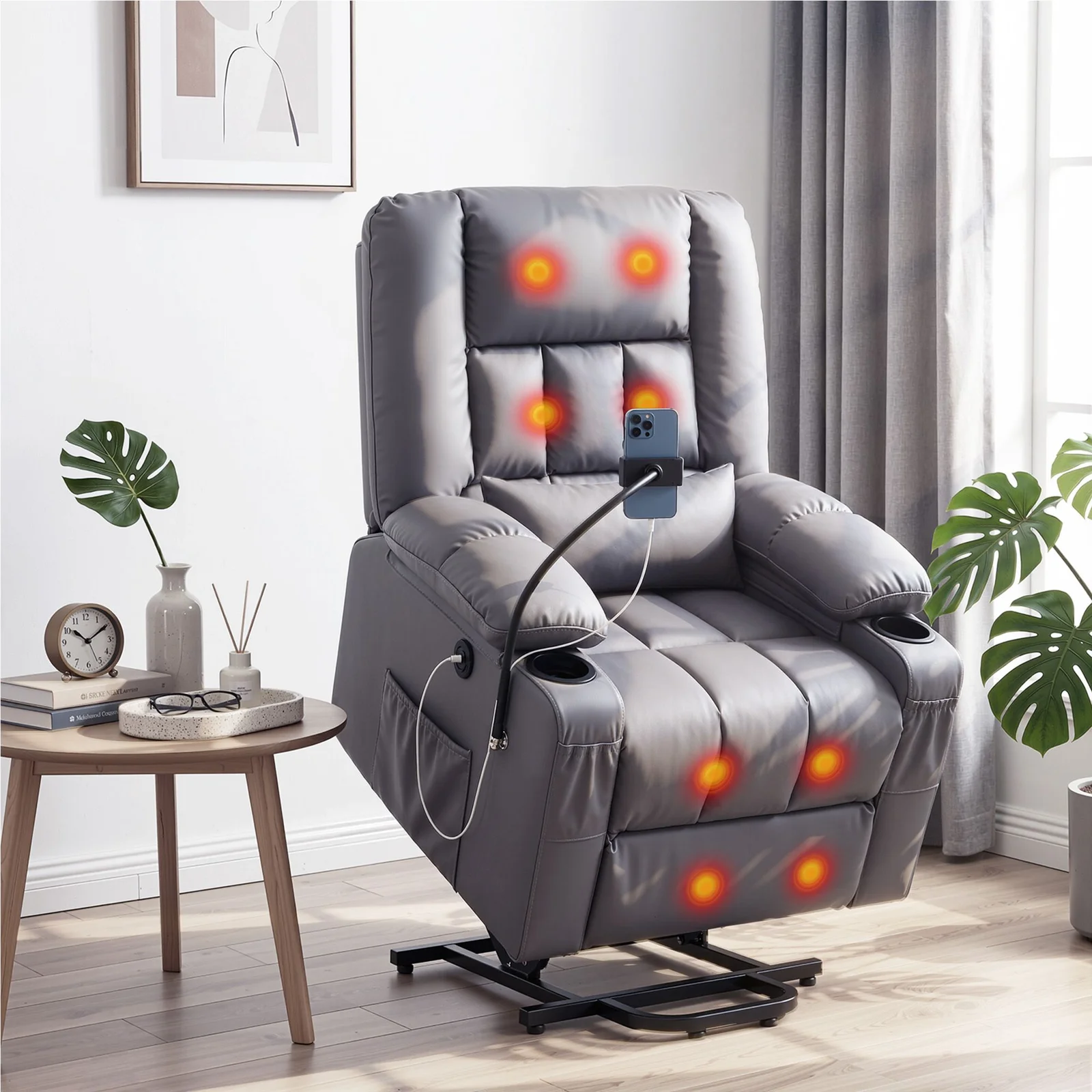 Artiss Power Lift Recliner Chair with Massage and Heat for Elderly, Electric Sofa Reclining Chair with USB and Phone Holder, PU Leather Comfy Armchair for Living Room, 2 Cup Holder & 4 Pockets, Grey