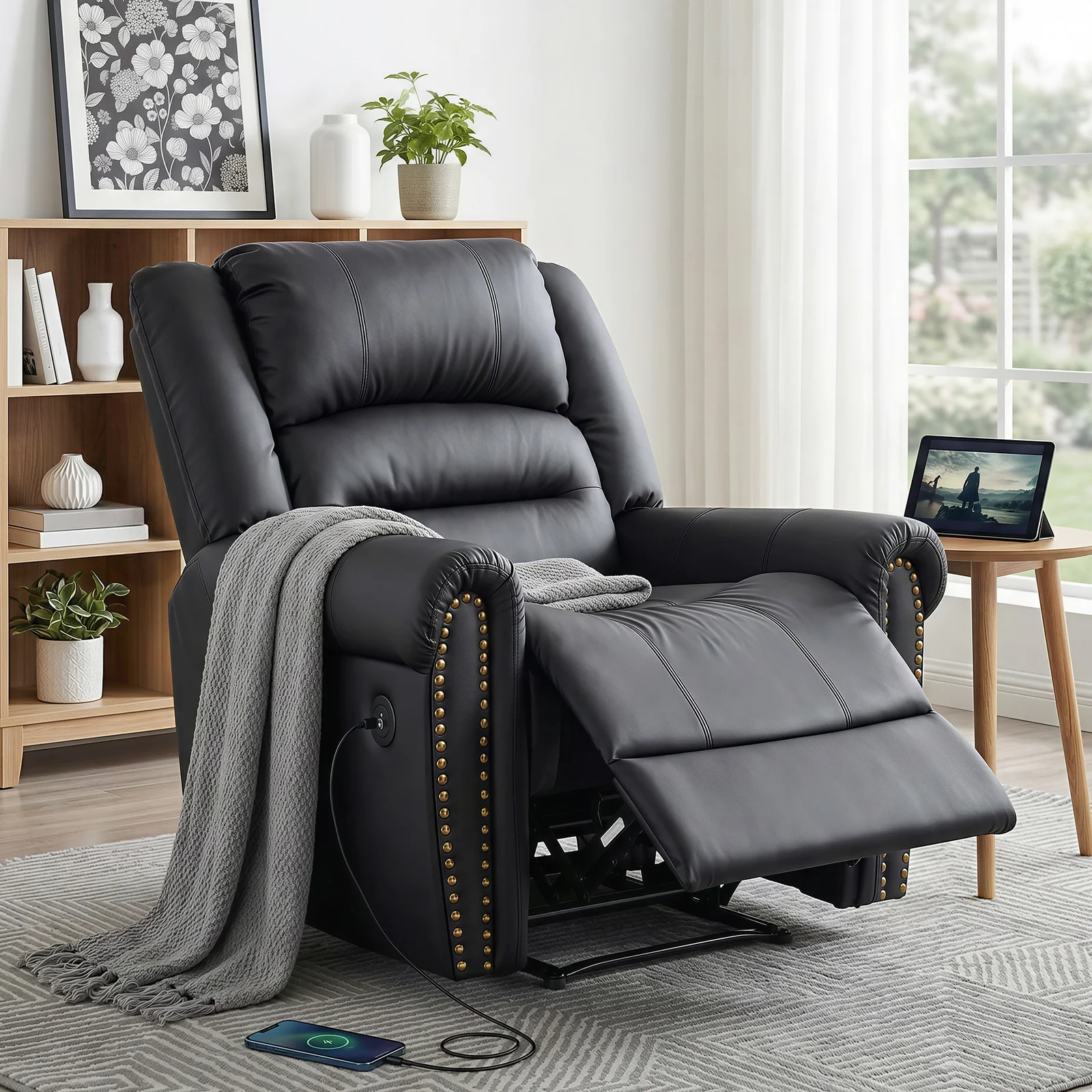 Artiss Leather Manual Recliner Chair with USB Charge Port, Overstuffed Armchair Sofa for Living Room and Nursery, Asjustable Theater Reclining Lounge with Comfortable Wide Seat, 150kg Capacity, Black