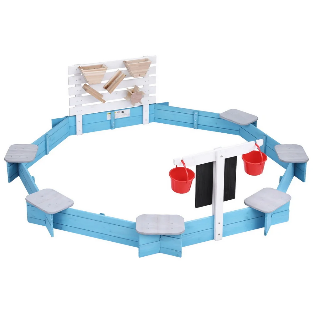 Keezi Kids Sandpit Wooden Round Sand Pit Funnel Bench Seat Beach Toys 215cm