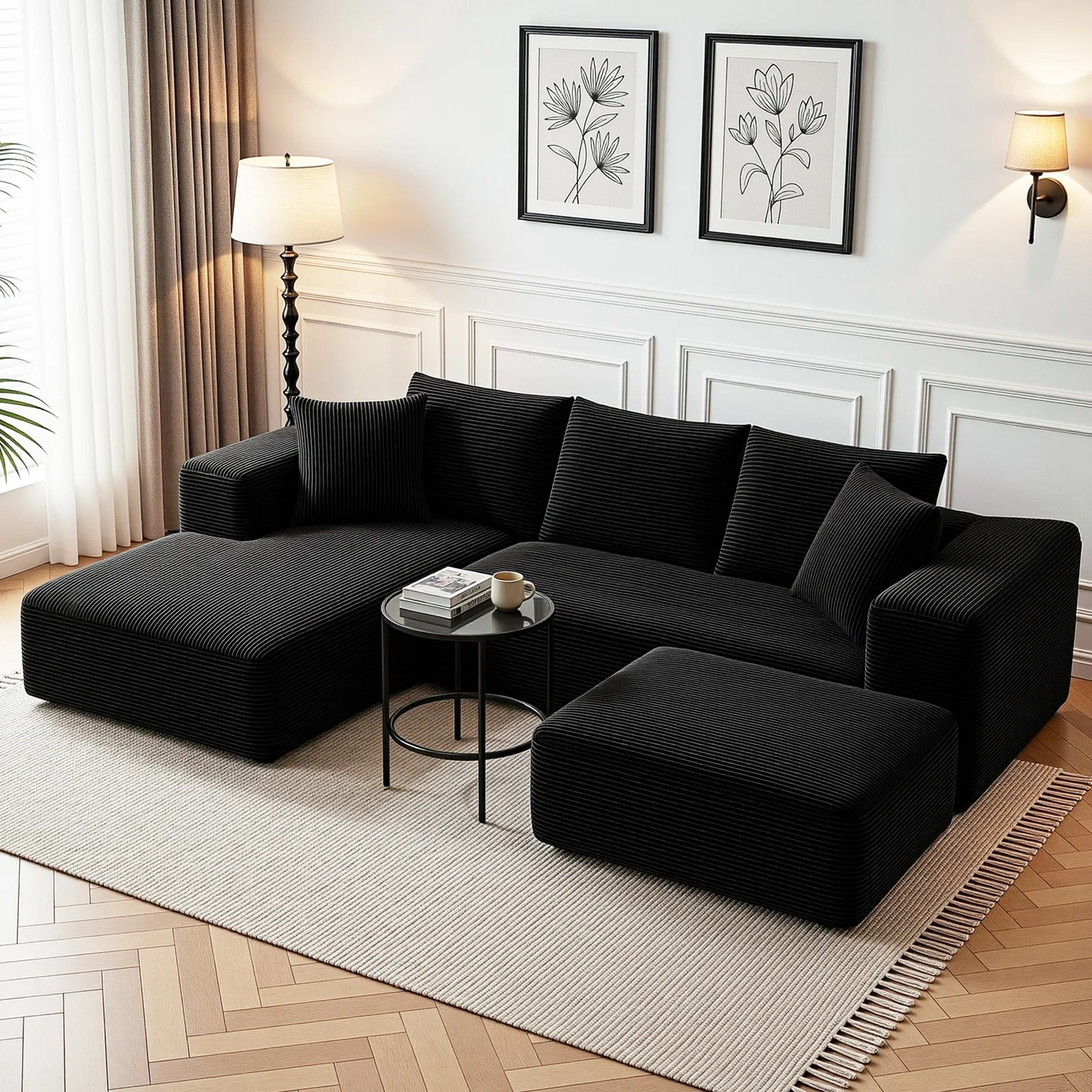 Artiss Modular Sofa Bed with Ottoman Sectional Boneless Couches for Living Room Corduroy Compressed Sofa Black