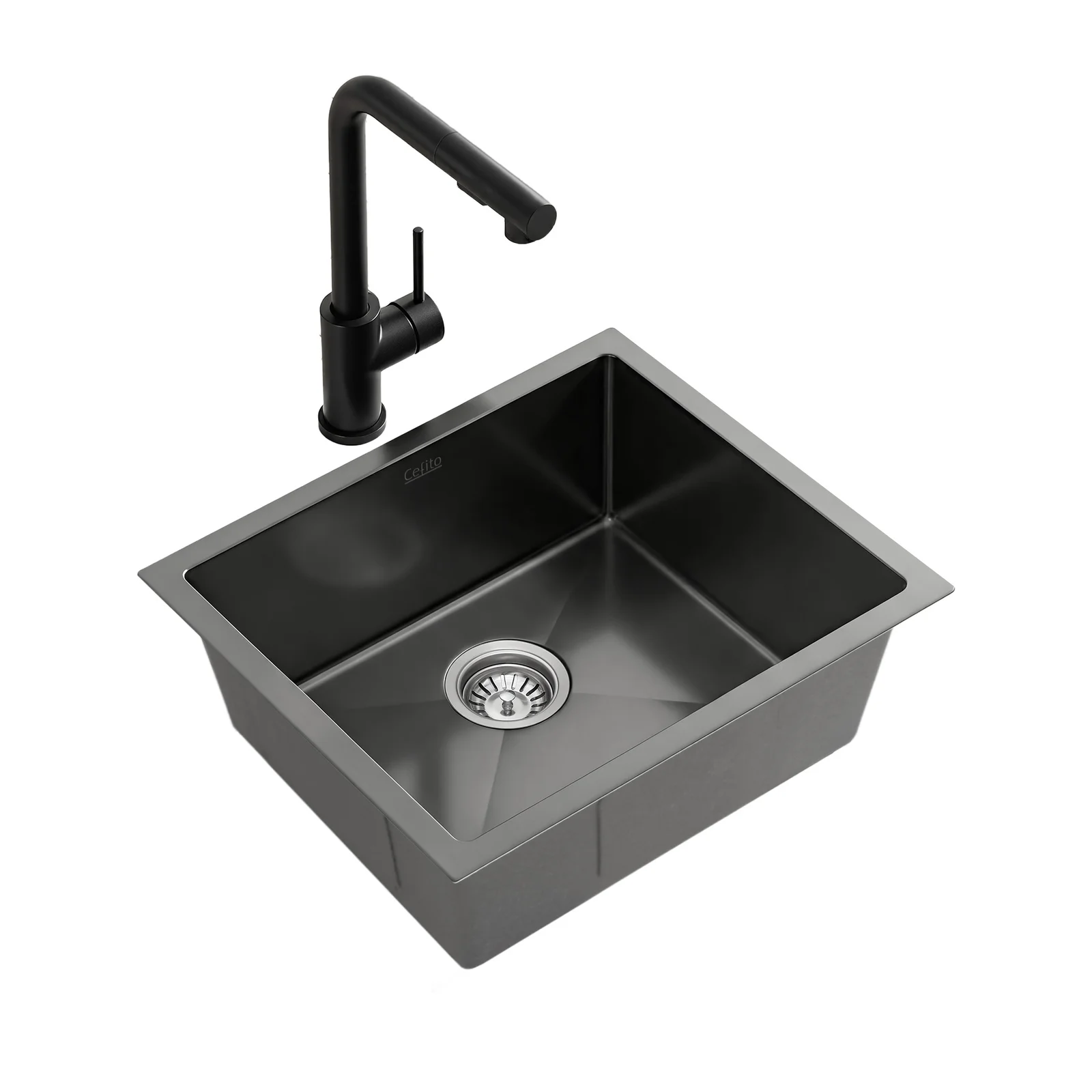 Cefito Stainless Steel Sink 44x44CM With Pull Out Mixer Tap Kitchen Basin Single Bowl Black