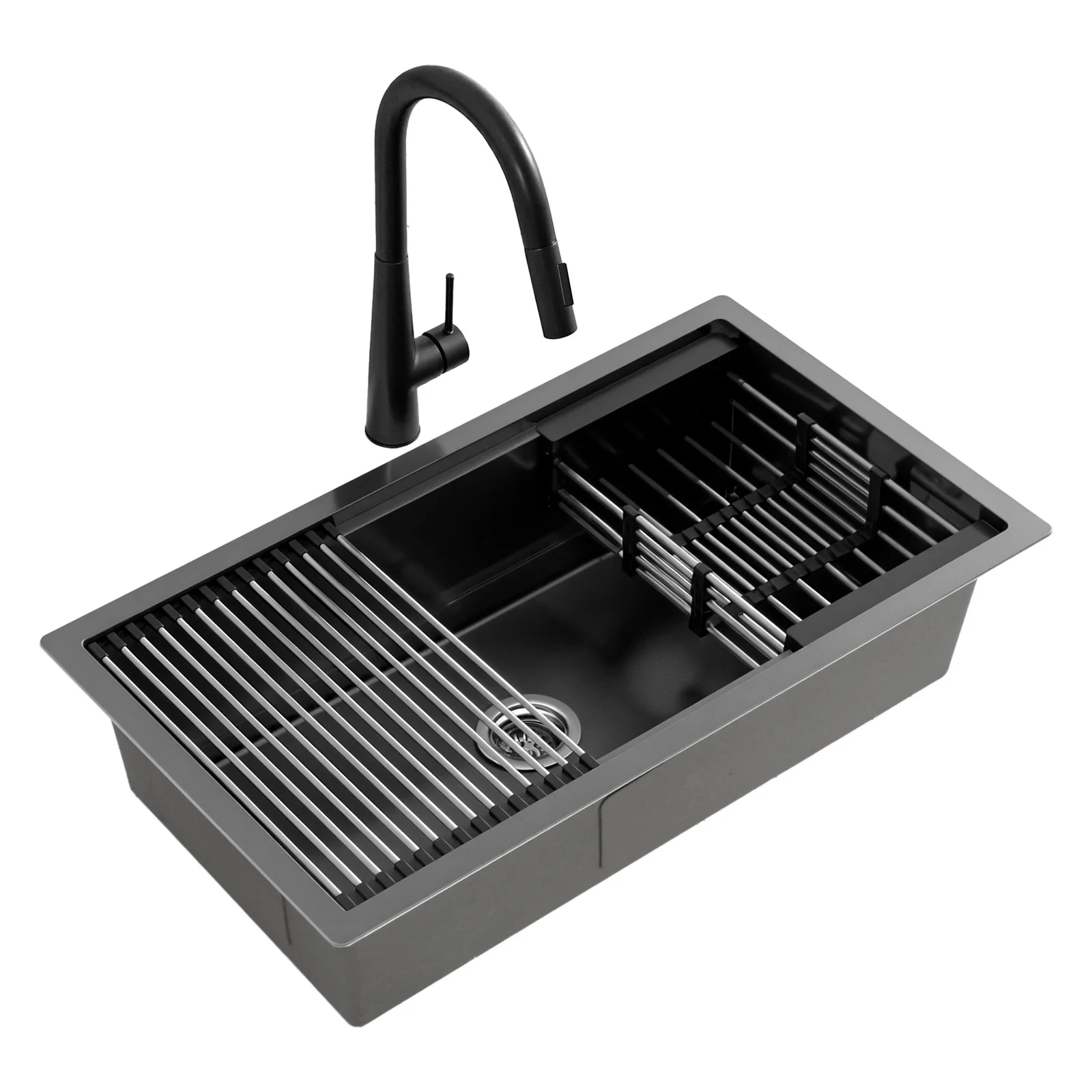 Cefito Stainless Steel Sink 70x45CM With Pull Out Mixer Tap Kitchen Basin Single Bowl Black