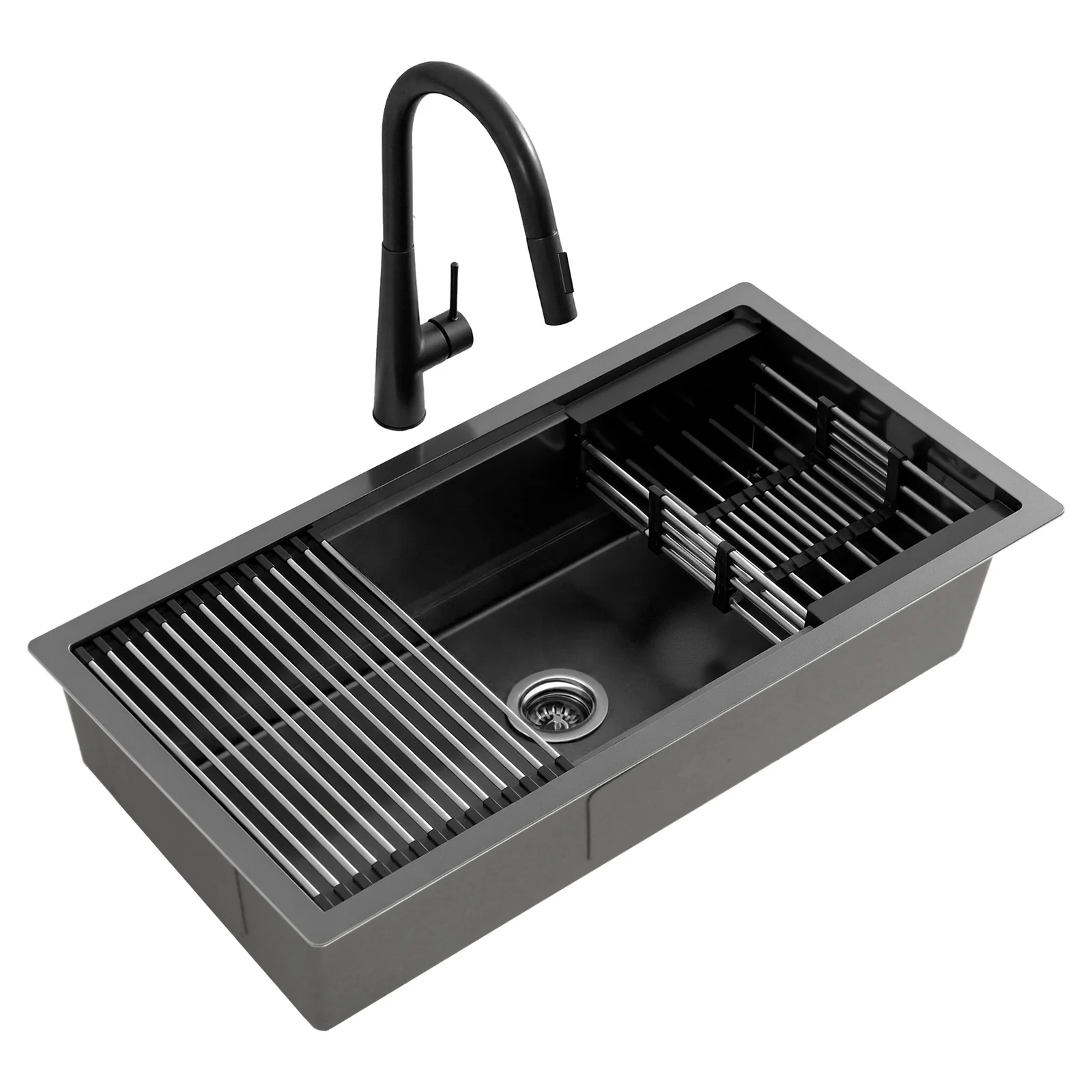 Cefito Stainless Steel Sink 81x45CM With Pull Out Mixer Tap Kitchen Basin Single Bowl Black