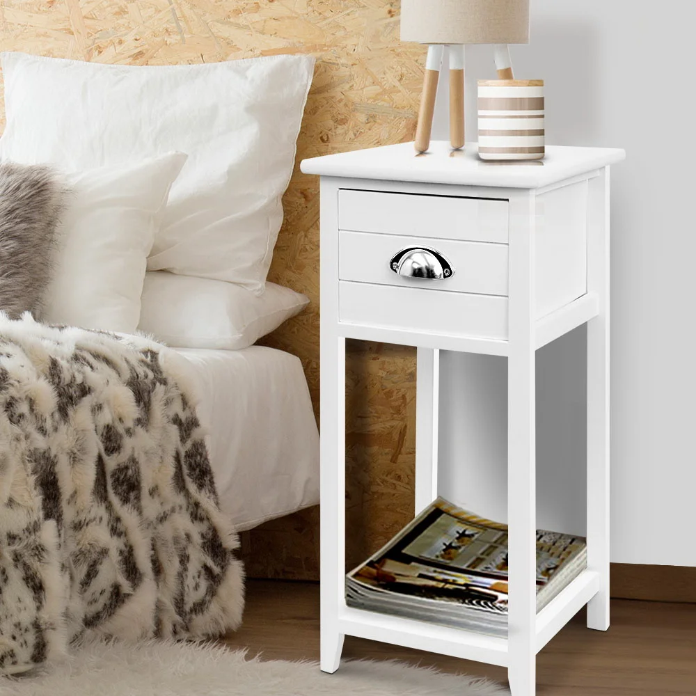 Artiss Thyme Bedside Table with Drawer and Shelf, White, 30x30x63cm