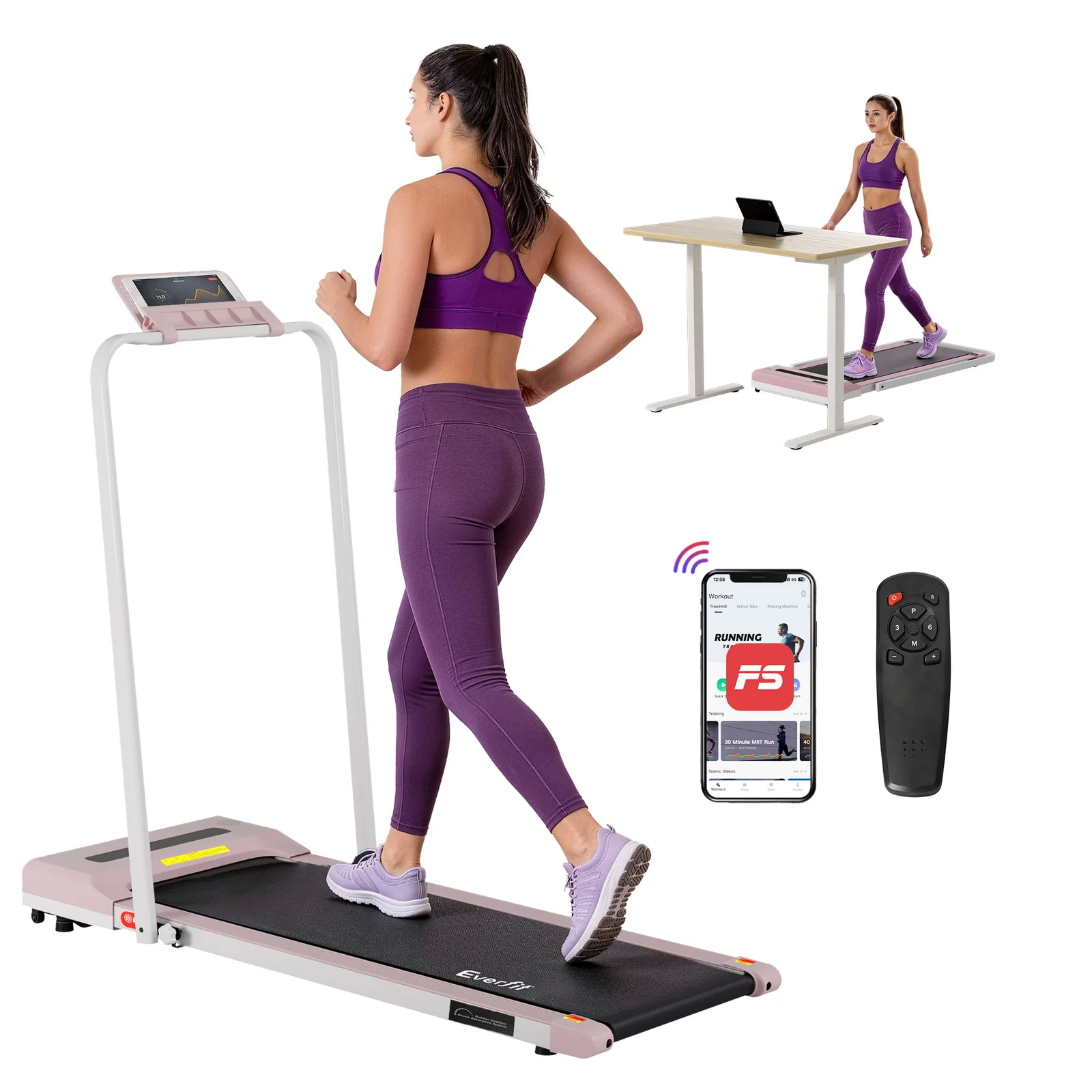 Everfit Treadmill Electric Walking Pad Under Desk Home Gym Fitness 380mm Pink