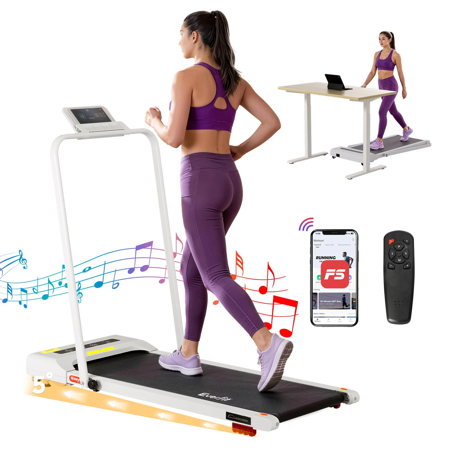 Everfit Treadmill Electric Walking Pad Incline Under Desk 380mm White