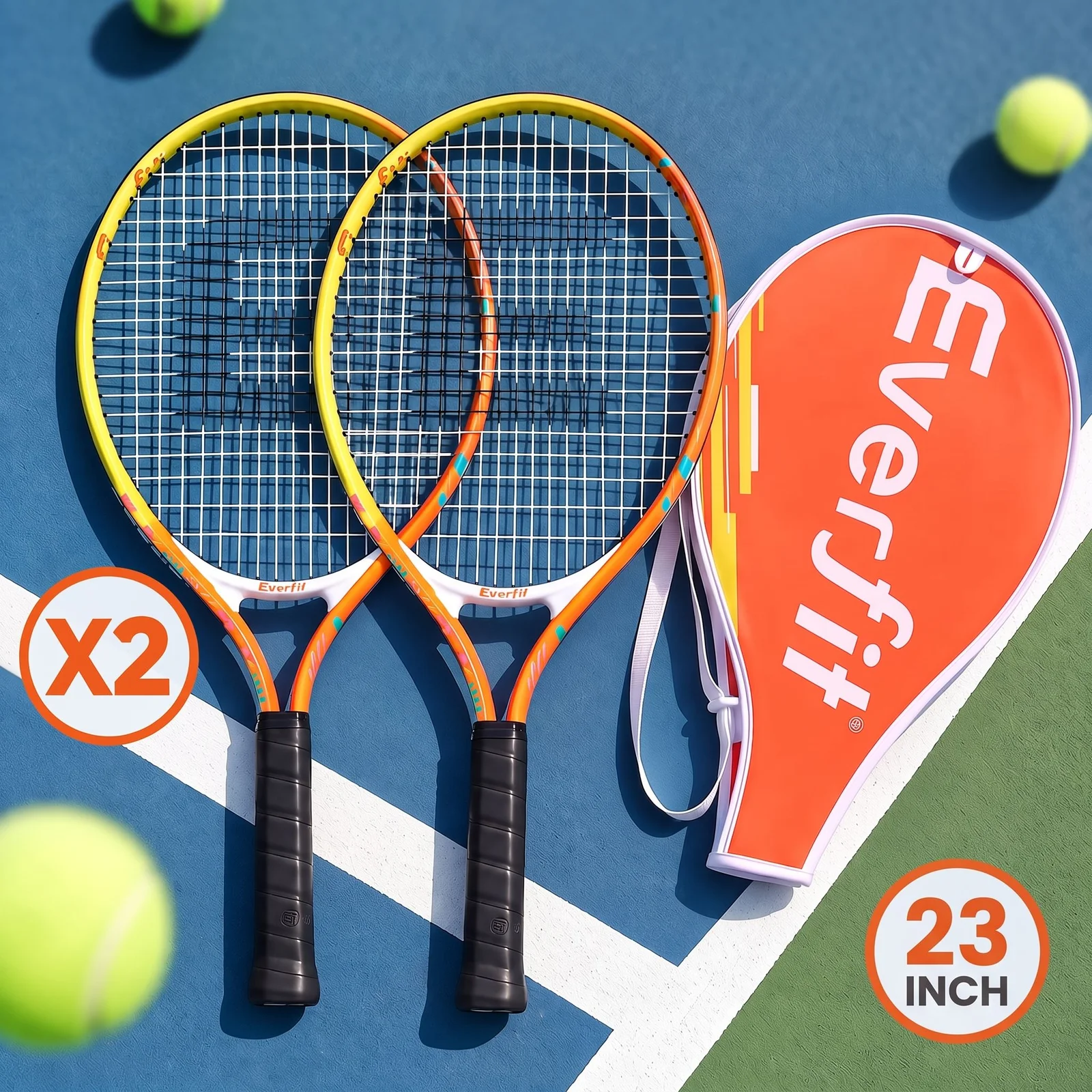 Everfit 23 Inch Tennis Racket Set of 2 Pack Lightweight Cushioned Grip Orange