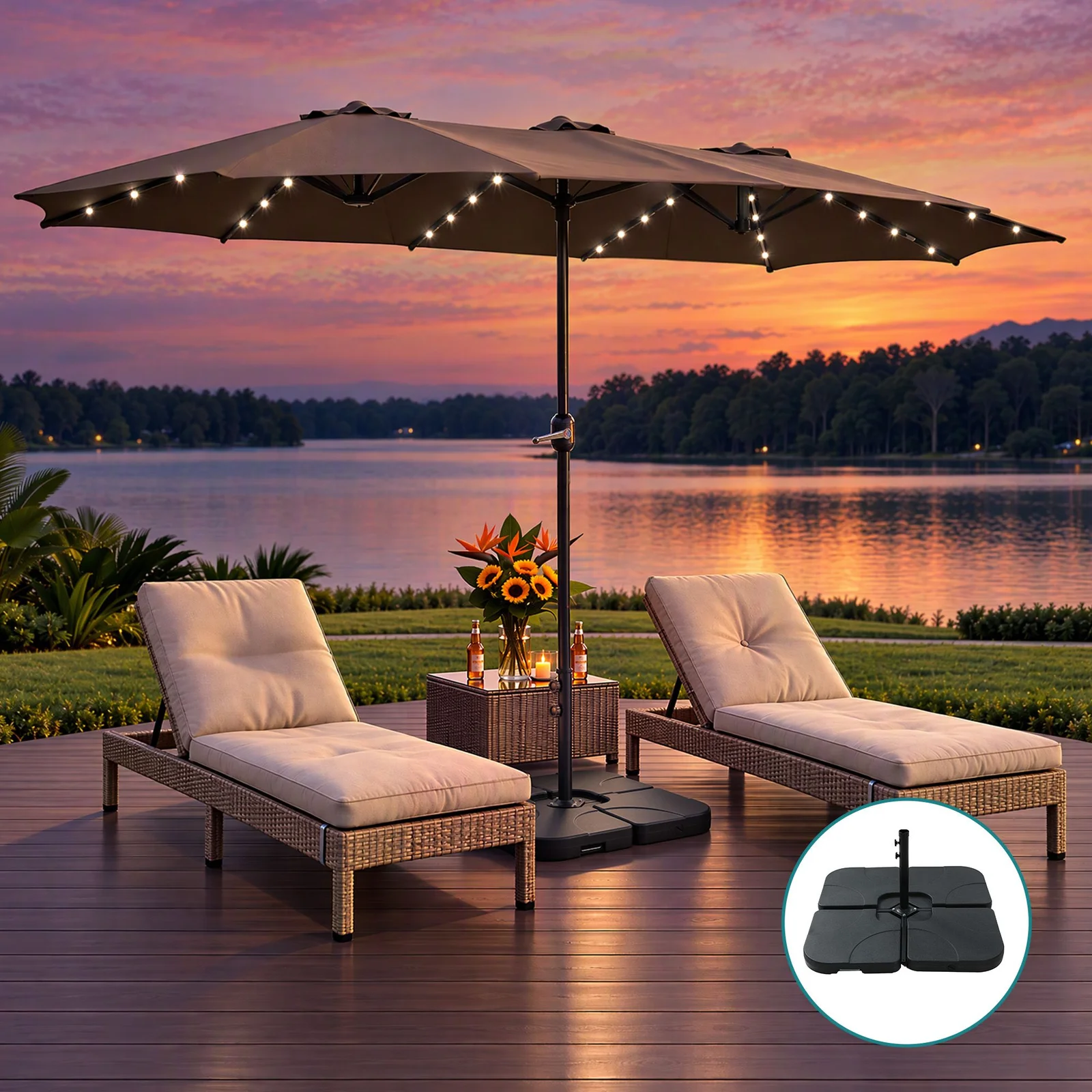 Instahut 4.57m Double-Sided Outdoor Umbrella with Solar LED Lights & Fillable Base, Brown