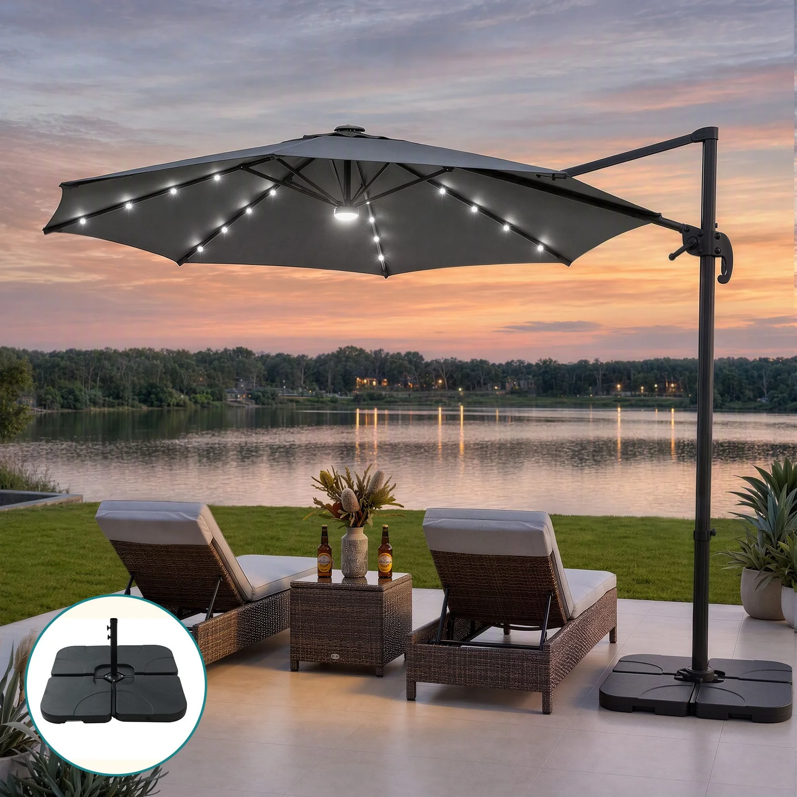 Instahut 3m Solar LED Cantilever Outdoor Umbrella with Base, Charcoal